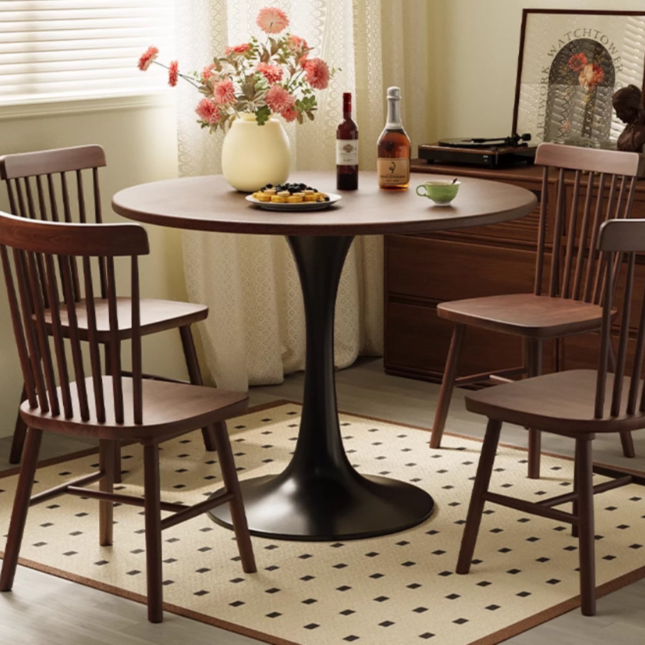 GDF Studio 24 Round Modern Dining Table, Wooden Top Tulip Table with Steel Pedestal Base, Kitchen Table, Walnut