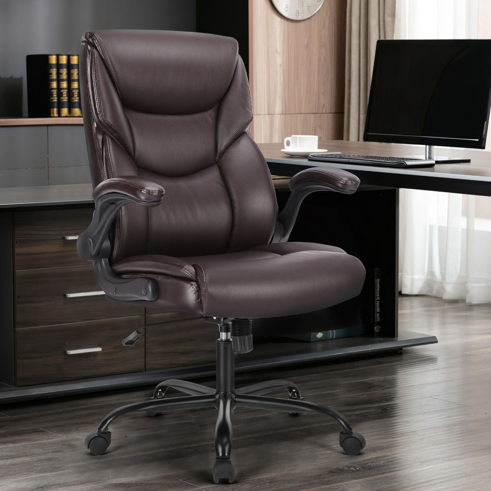 GIANNA Heavy Duty Ergonomic Computer Gaming Office Chair, With Wheels, Flip-up Arms, Adjustable Height, PU Leather, Black