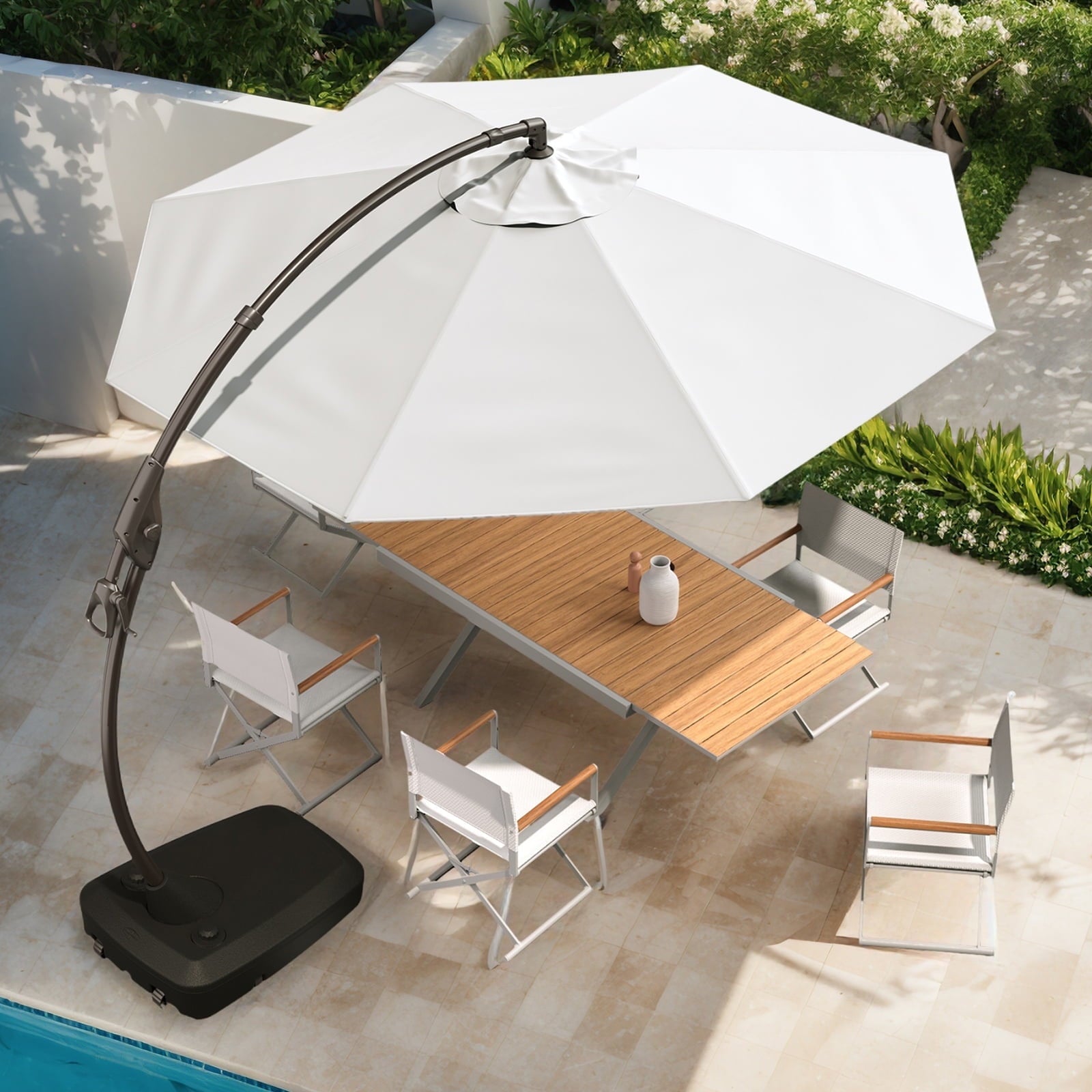 GRANDPATIO 12 Ft Outdoor Umbrella with Base, Large Aluminum Cantilever Offset Umbrella for Patio Pool, Black & White