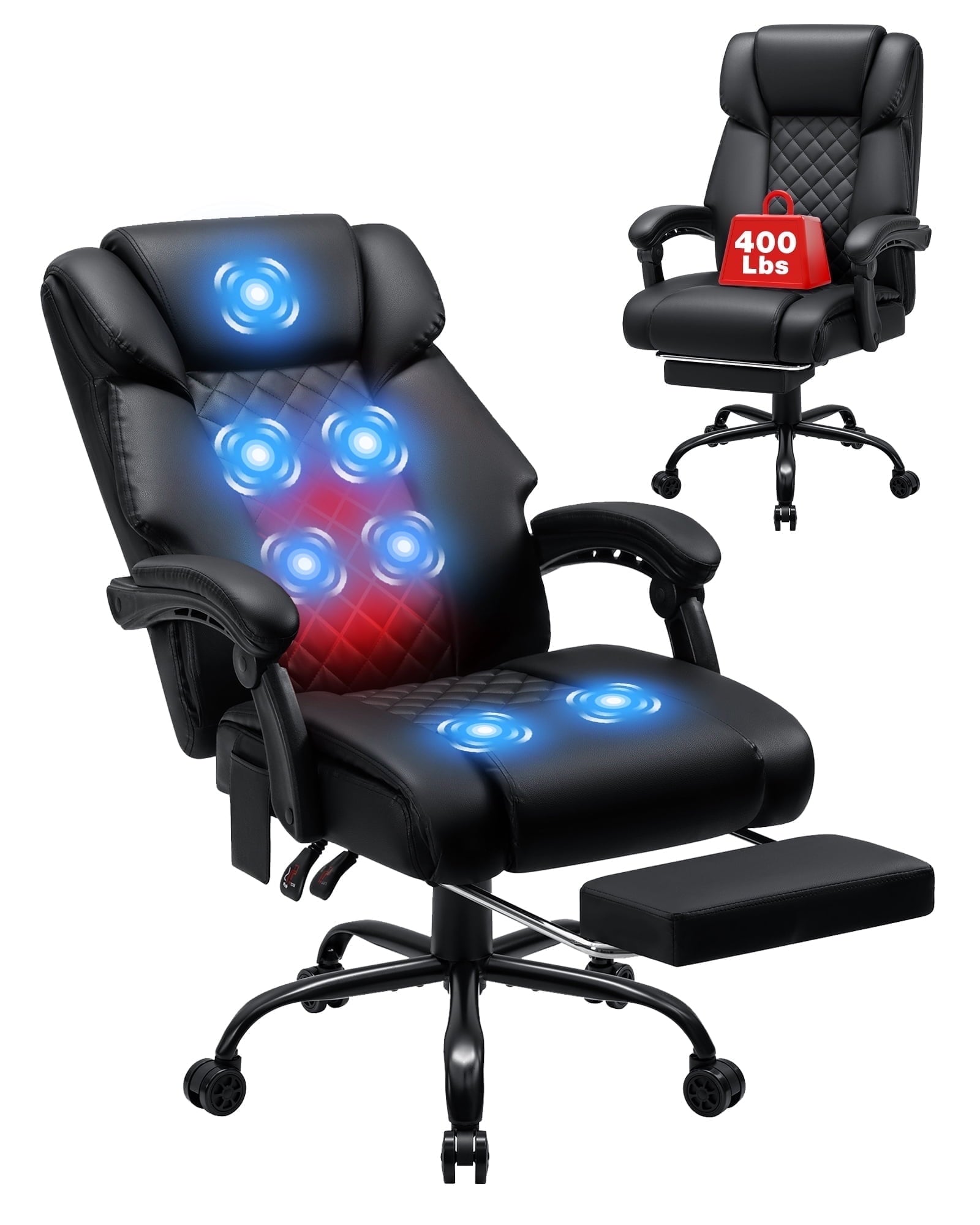 Hoffree Massage Office Chair 400LBS Executive Office Chair Massage and Footrest Big and Tall Office Chair with Heated Lumbar Support, Ergonomic Computer Desk Chair Reclining High Back Leather Office