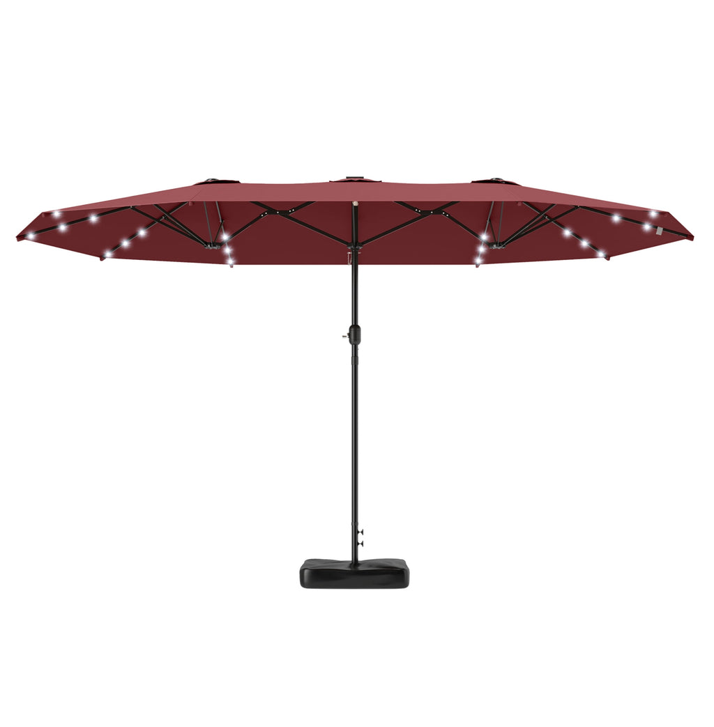 Garden Parasol 14.4ft Double Canopy, Solar LED Patio Umbrella with Base, Wine Red, Outdoor Sun Shade with Crank, Large Steel Frame for Garden, Deck, Backyard
