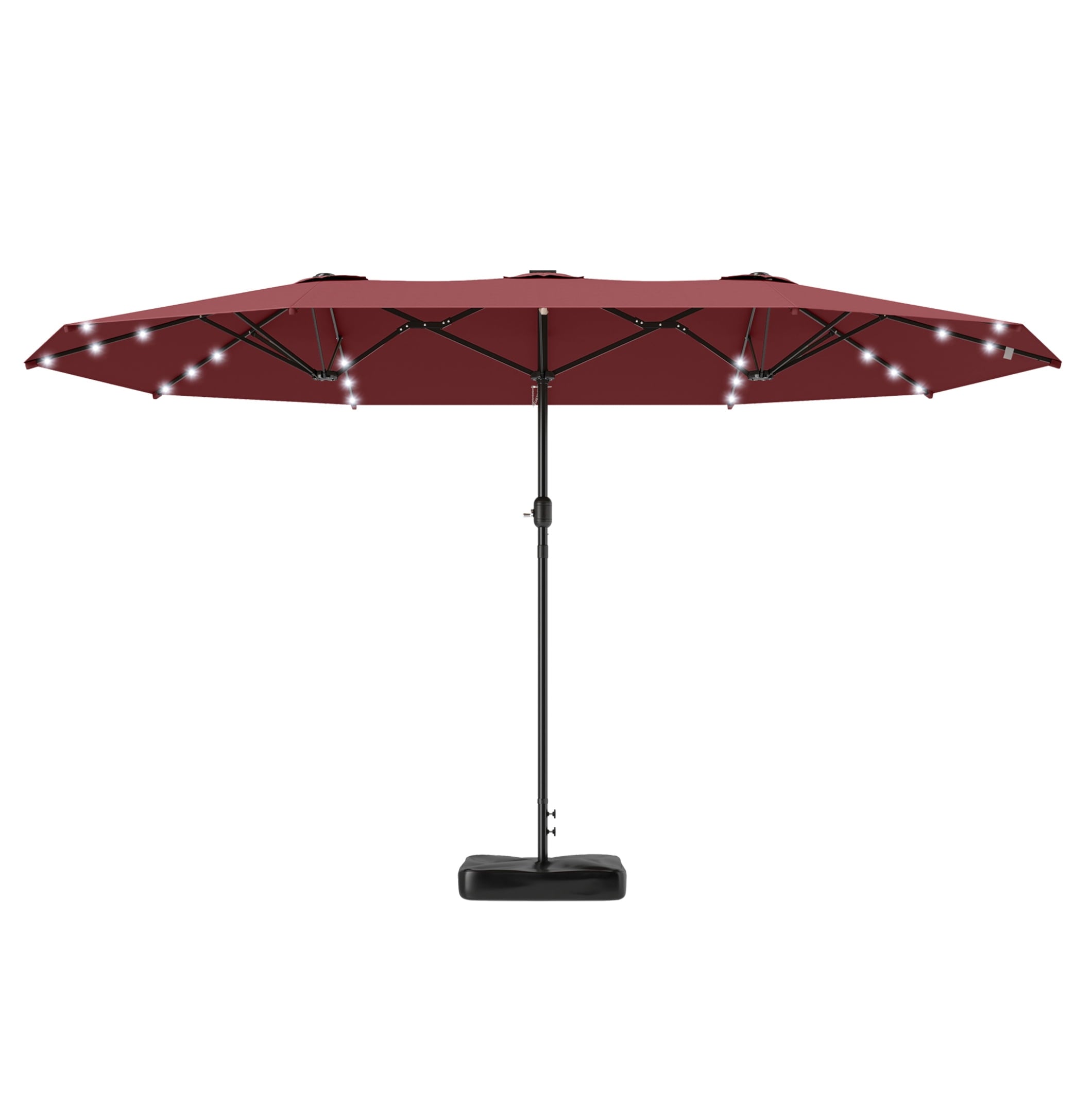 Garden Parasol 14.4ft Double Canopy, Solar LED Patio Umbrella with Base, Wine Red, Outdoor Sun Shade with Crank, Large Steel Frame for Garden, Deck, Backyard