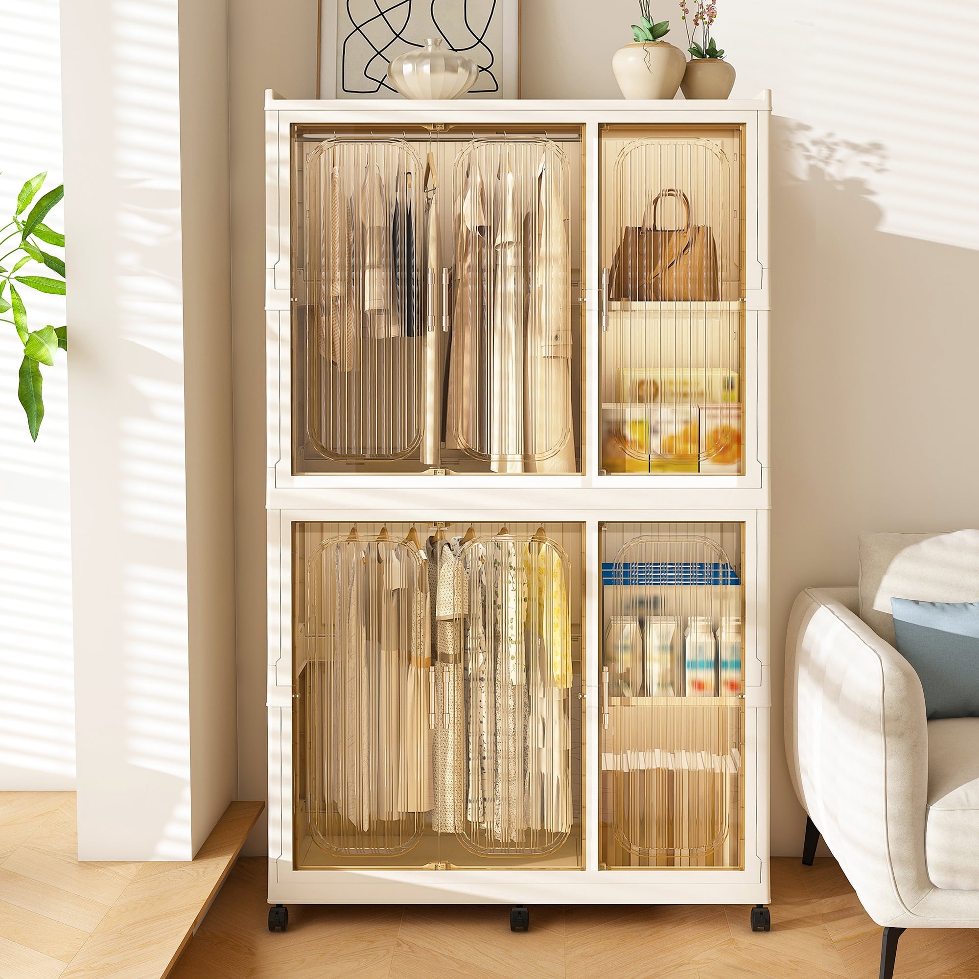 Garmic 62 Foldable Storage Wardrobe with Wheels, Portable Closet Organizer with 6 Magnetic Doors & 2 Hanging Rod, Plastic Armoire for Clothes Toys Books, White
