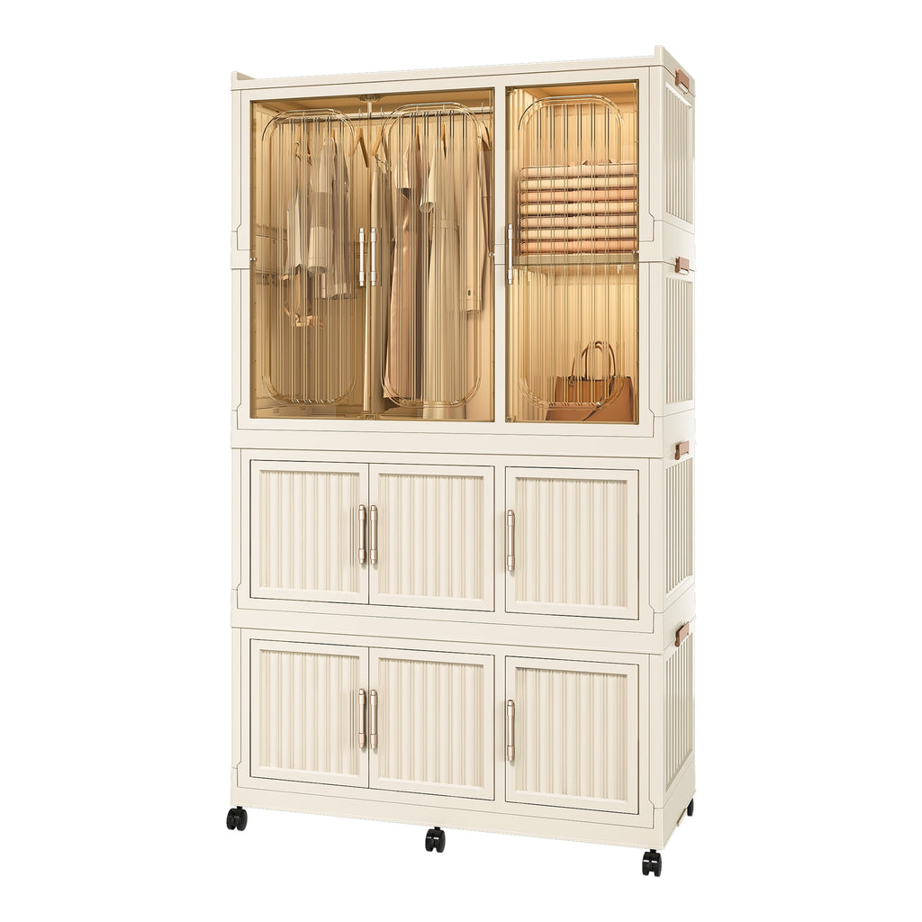 Garmic 62 Foldable Storage Wardrobe with Wheels, Portable Closet Organizer with 9 Magnetic Doors & 2 Hanging Rod, Plastic Armoire for Clothes Toys Books, White