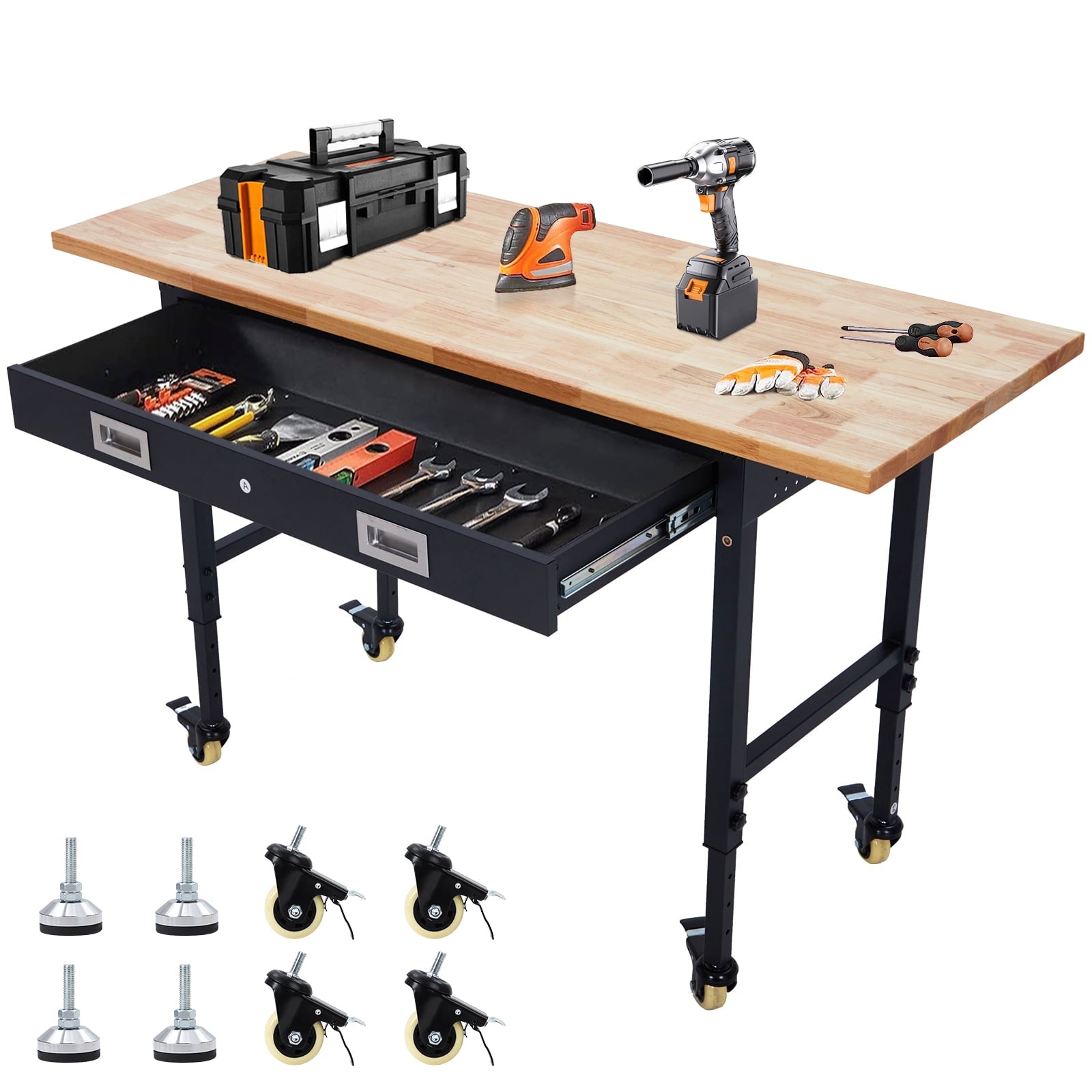 Garvee 60 x 22 in Garage Workbench with Rubber Wood Top & Cold Rolled Steel Structure, Work Bench with Drawer, Power Strip with 9 ft Cord