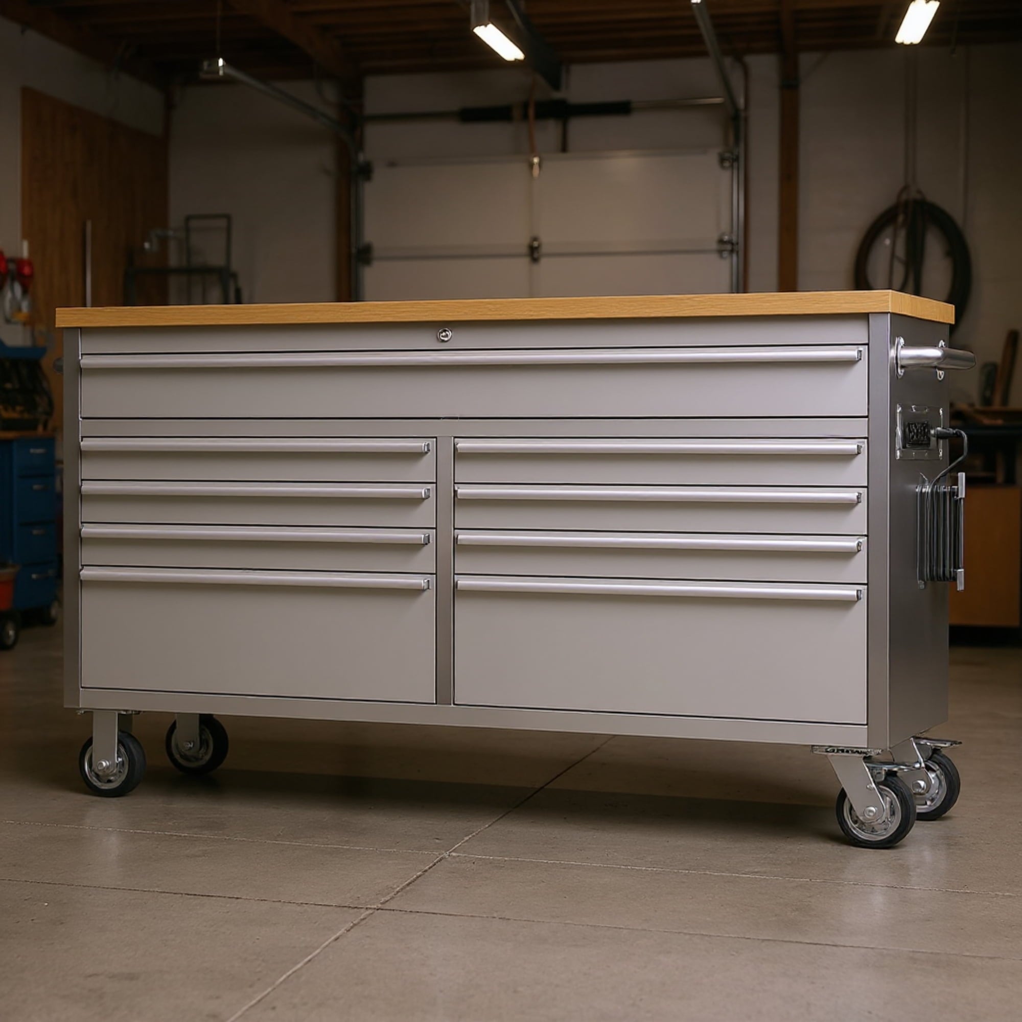 Garvee 61 Tool Chest, Rolling Workbenches with 9 Drawers and Pre-Installed Power Strip for Garage, Workshop, Kitchen