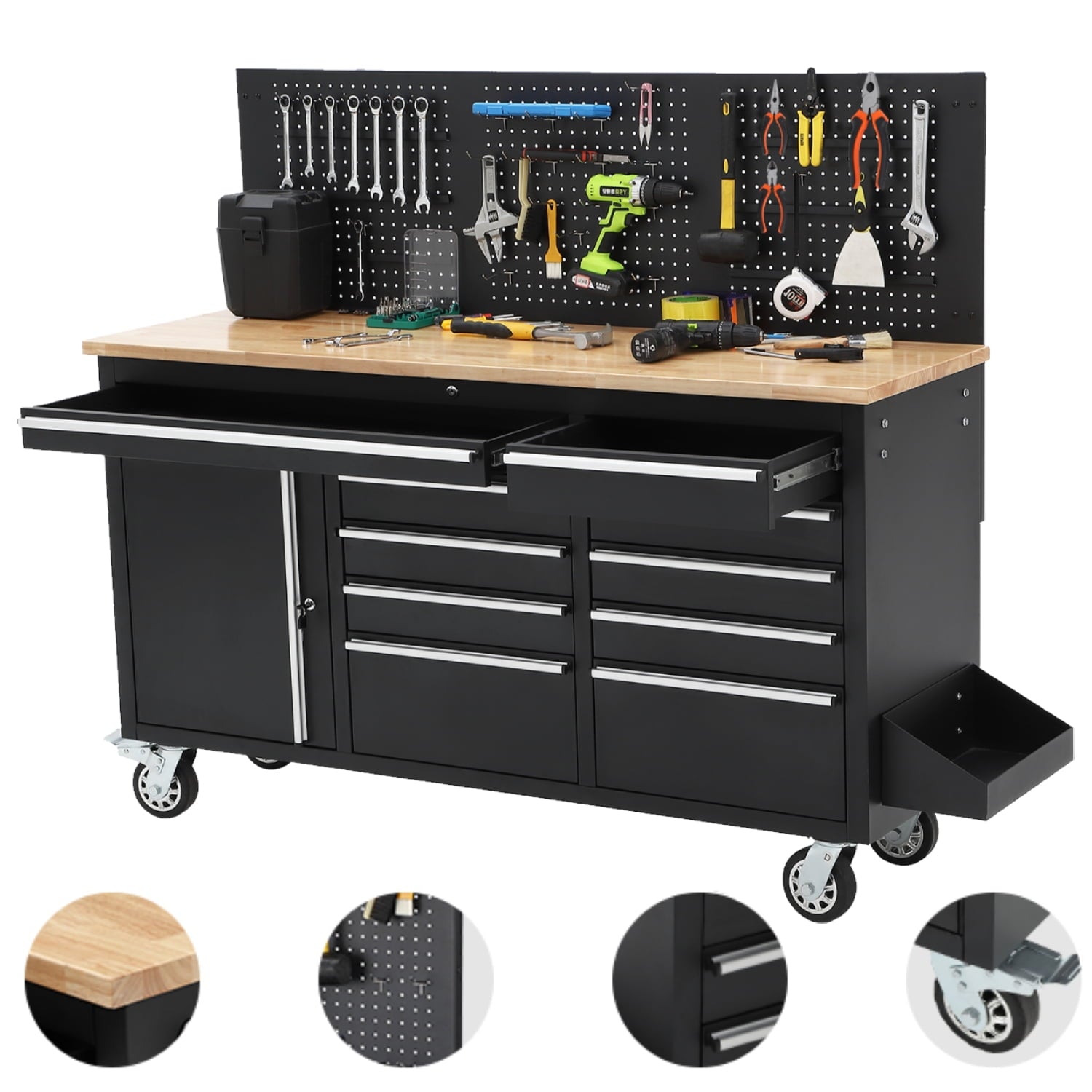 Garvee 61 Work Benches for Garage, Heavy Duty Work Table with 10 Drawers & Power Outlet, Black