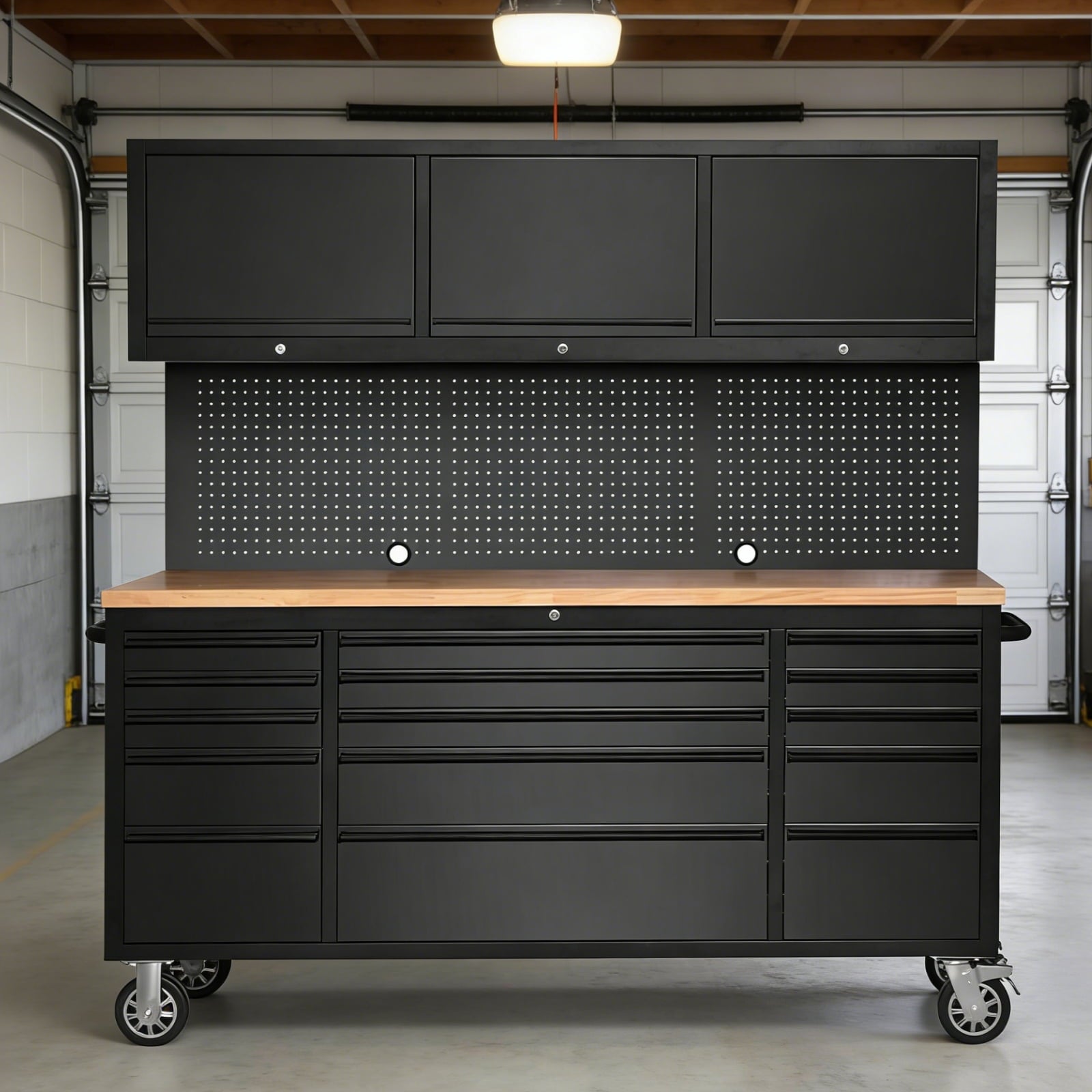 Garvee 72 Workbench Tool Chest, Large Rolling Work Bench with 15 Drawers and 3 Top Cabinets for Garage, Warehouse, Repair Shop, Black