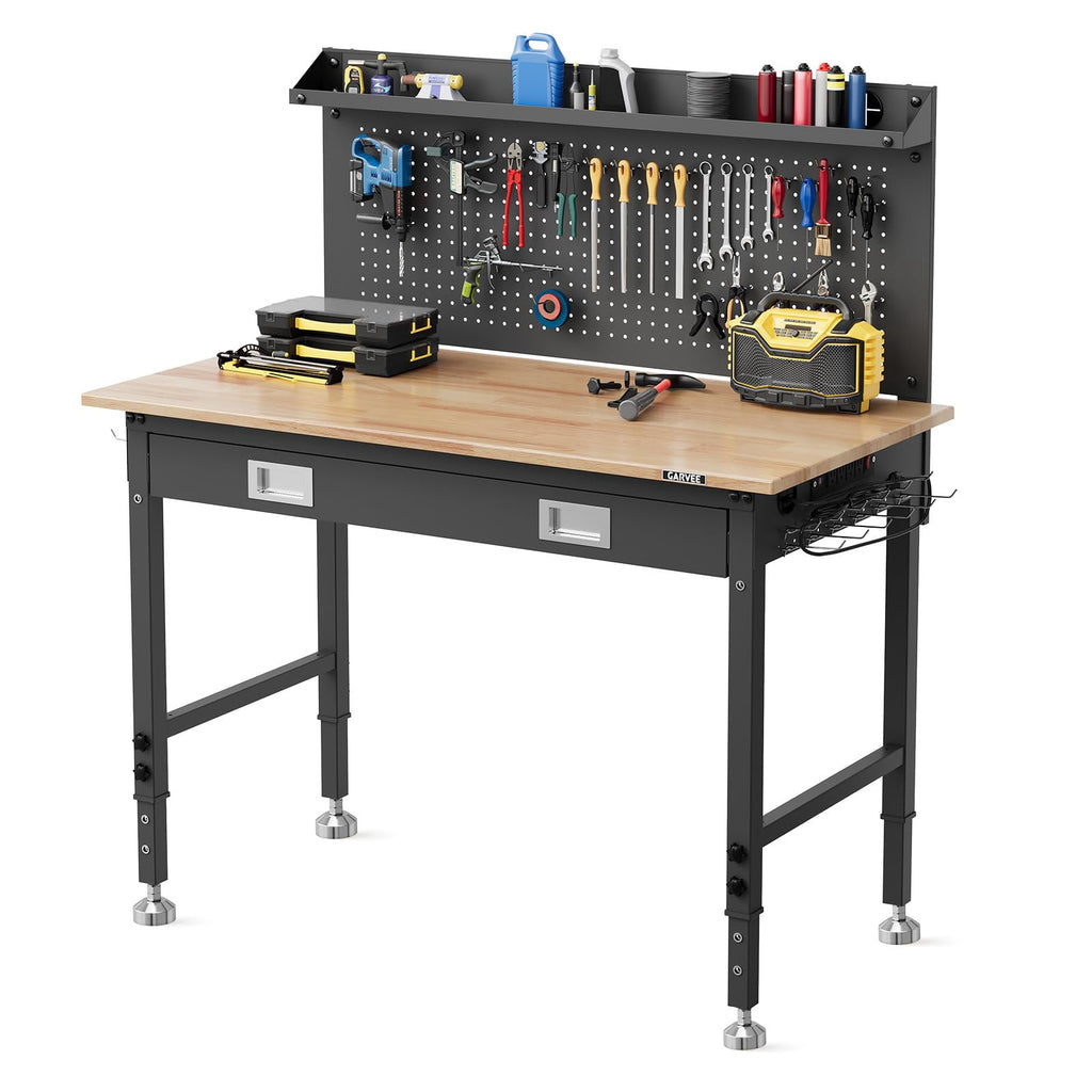 Garvee Work Tables for Workshop, 48 x 24 Workbench with Integrated Drawer, Back Panel & 5-Level Adjustable Height, Black