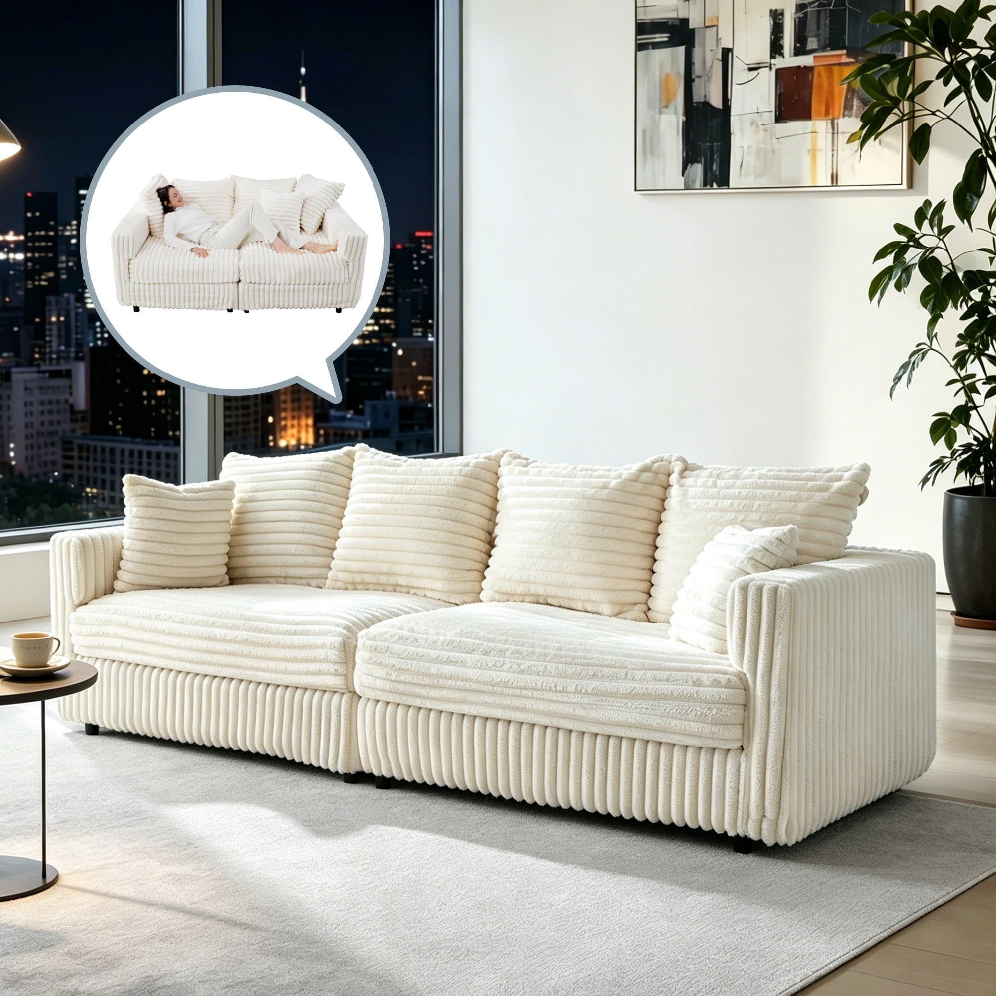 Gewnee 86.6 Modern Sofa Couch,Teddy Velvet 3 Seaters Comfy Couch with Deep Seat for Living Room,2 Pillows,Beige