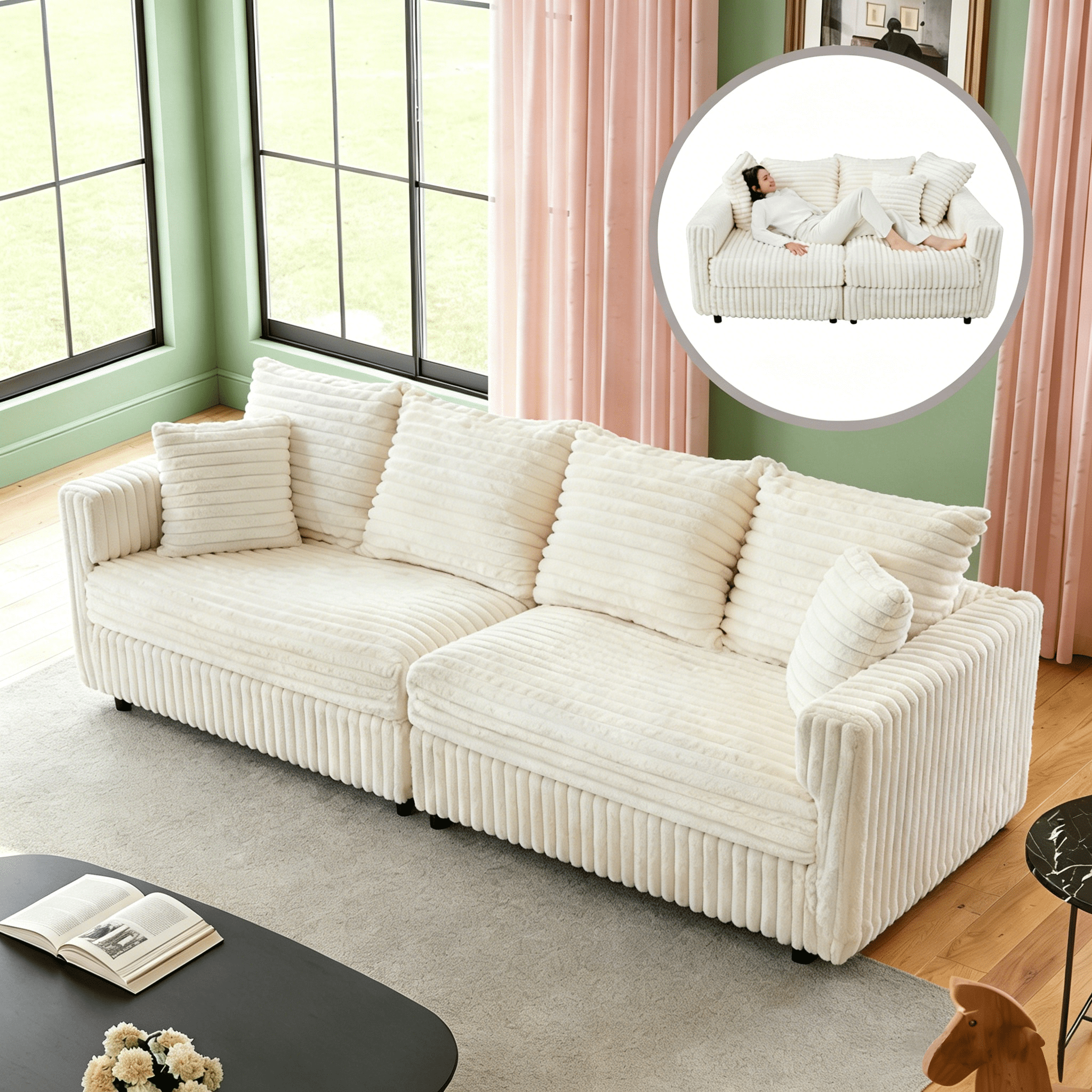 Gewnee 86.6 Modern Sofa Couch,Teddy Velvet 3 Seaters Comfy Couch with Deep Seat for Living Room,2 Pillows,Beige