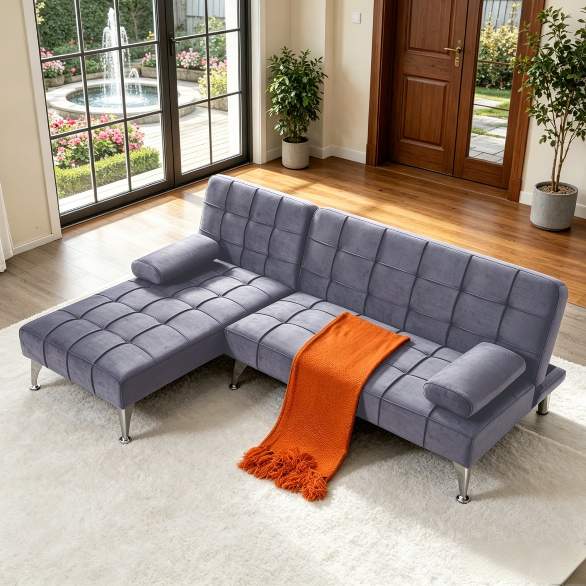 Gewnee 78.35”L-Shaped Velvet Reversible Sectional Sleeper Sofa,Futon Sofa with Adjustable Split Back & Chaise,Couch for Home,Office and Guest Room.Black