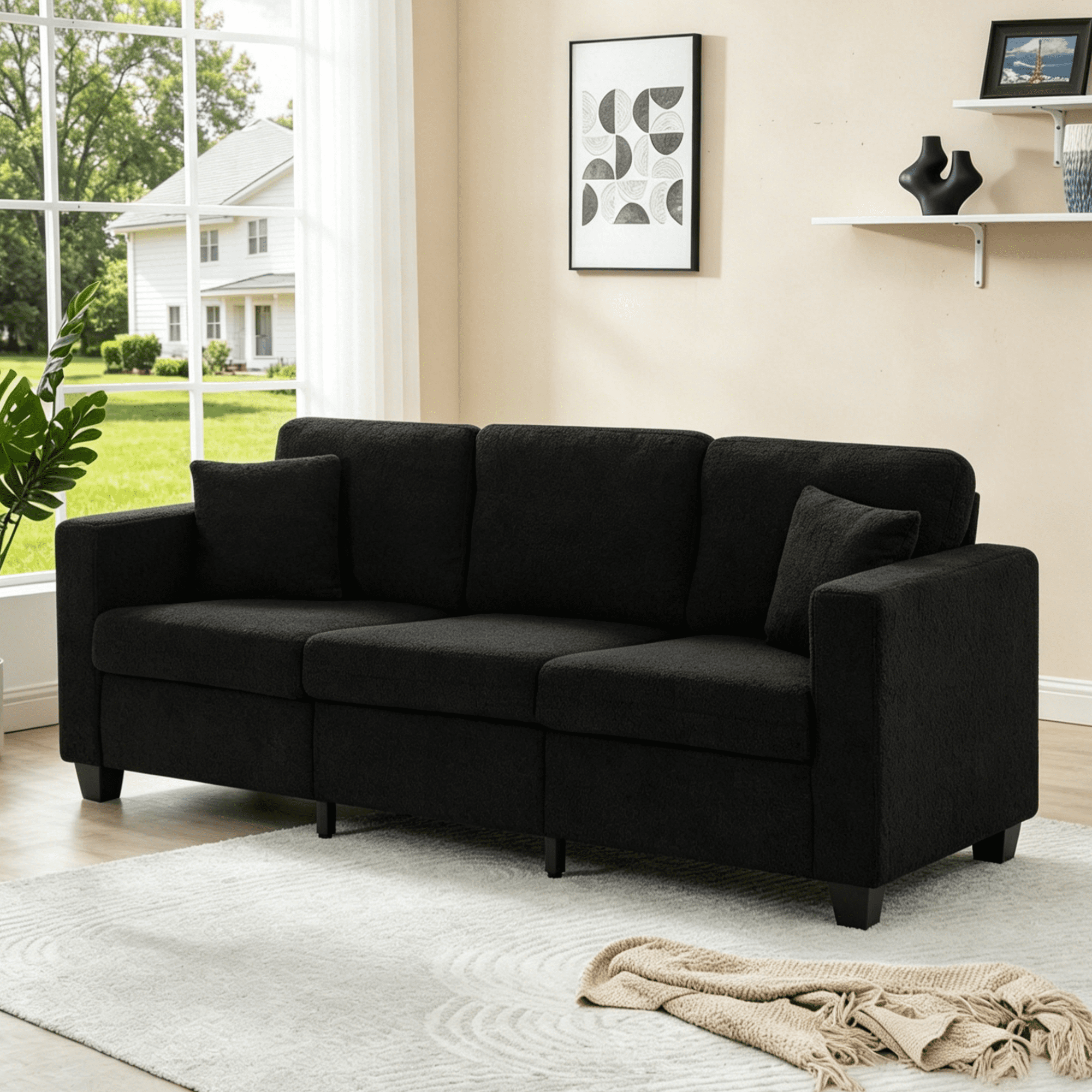 Gewnee 86.6 Modern Sofa Couch,Teddy Velvet 3 Seaters Comfy Couch with Deep Seat for Living Room,2 Pillows,Beige