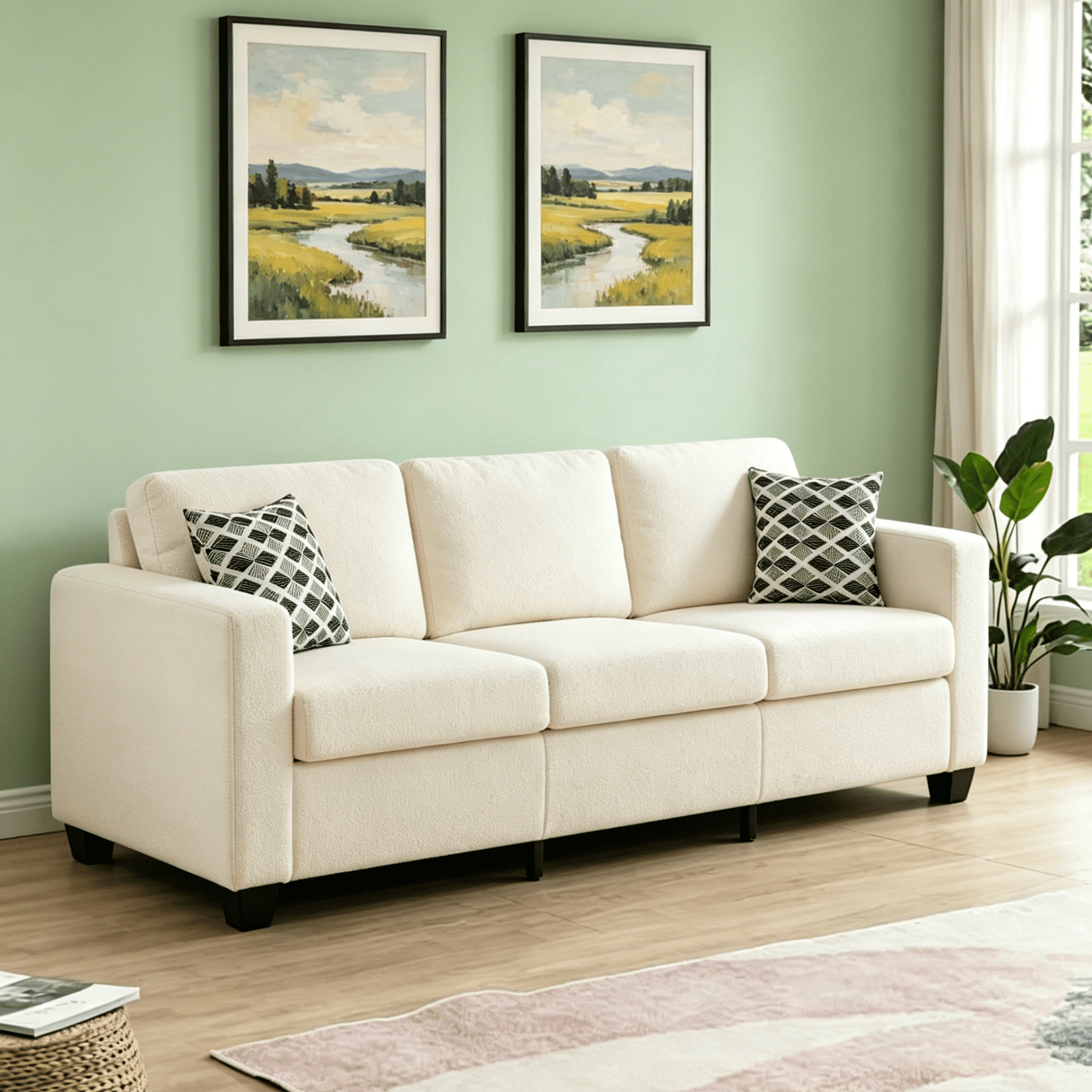 Gewnee 86.6 Modern Sofa Couch,Teddy Velvet 3 Seaters Comfy Couch with Deep Seat for Living Room,2 Pillows,Beige
