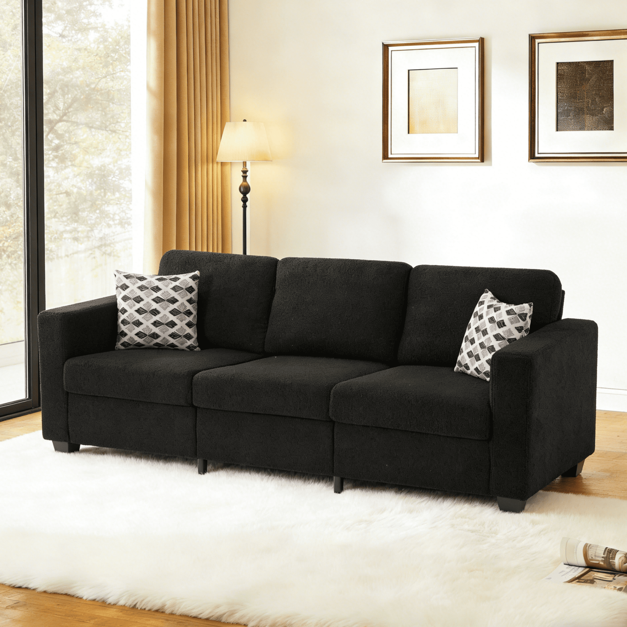 Gewnee 86.6 Modern Sofa Couch,Teddy Velvet 3 Seaters Comfy Couch with Deep Seat for Living Room,2 Pillows,Beige