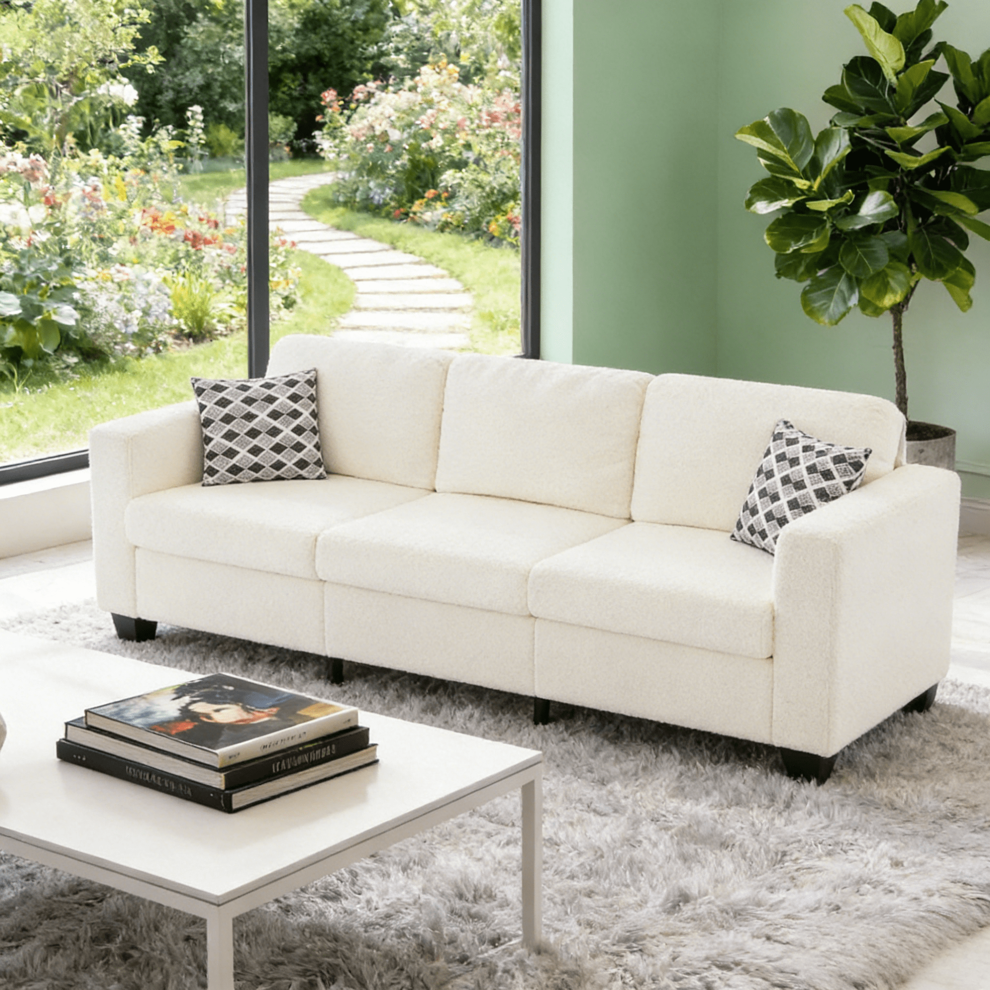 Gewnee 86.6 Modern Sofa Couch,Teddy Velvet 3 Seaters Comfy Couch with Deep Seat for Living Room,2 Pillows,Beige