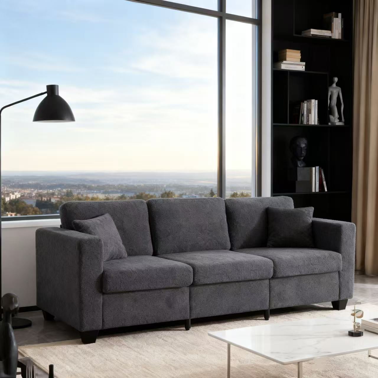Gewnee 86.6 Modern Sofa Couch,Teddy Velvet 3 Seaters Comfy Couch with Deep Seat for Living Room,2 Pillows,Beige