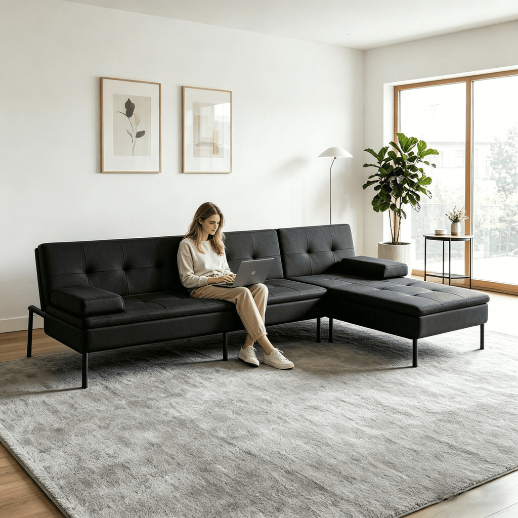 Gewnee 89.4”Convertible Sectional Sofa,L-Shaped Couch with Reversible Chaise,5-Position Adjustable Backrest,Modern Futon Sleeper for Small Spaces Living Room Apartment Office,Black Iron Frame