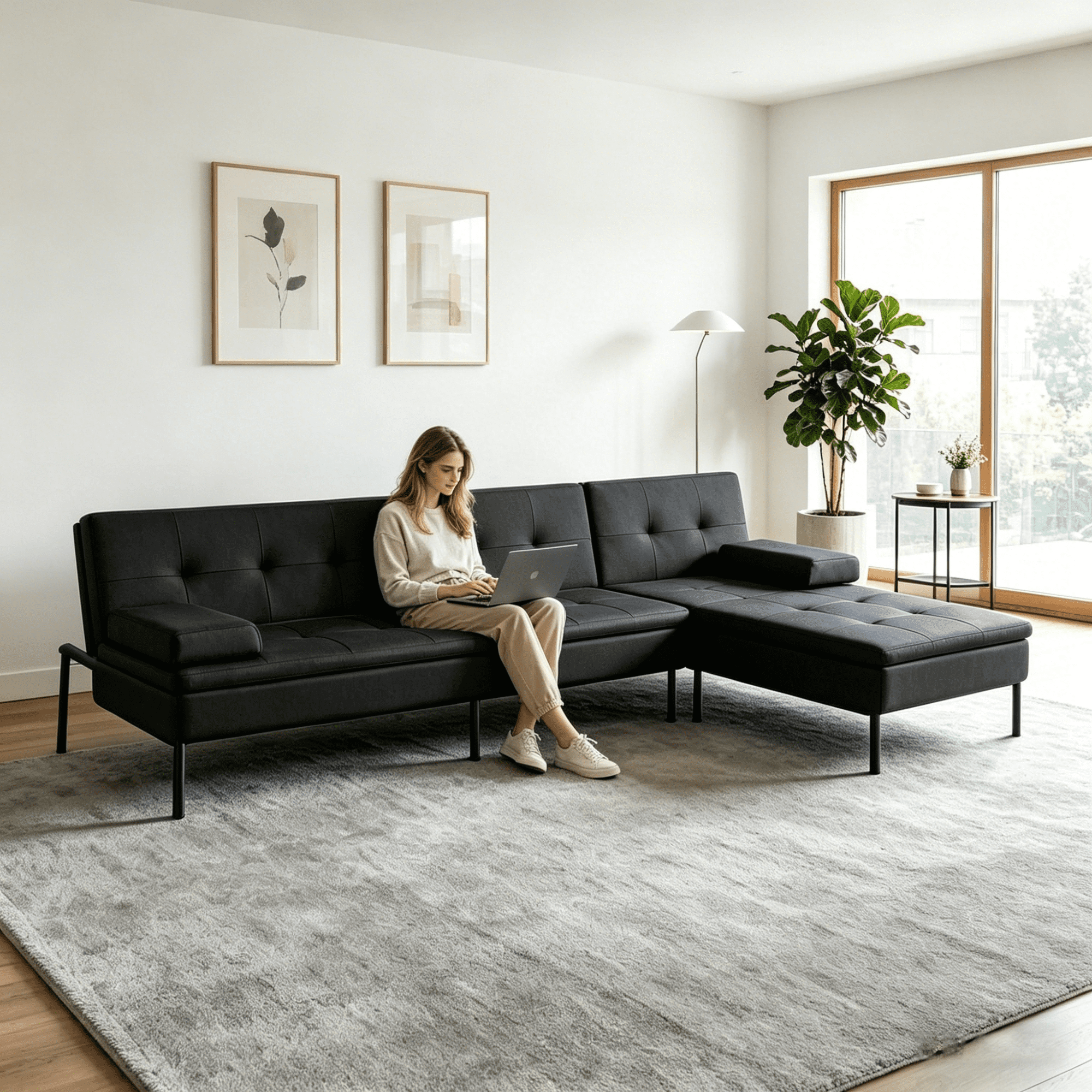 Gewnee 89.4”Convertible Sectional Sofa,L-Shaped Couch with Reversible Chaise,5-Position Adjustable Backrest,Modern Futon Sleeper for Small Spaces Living Room Apartment Office,Black Iron Frame