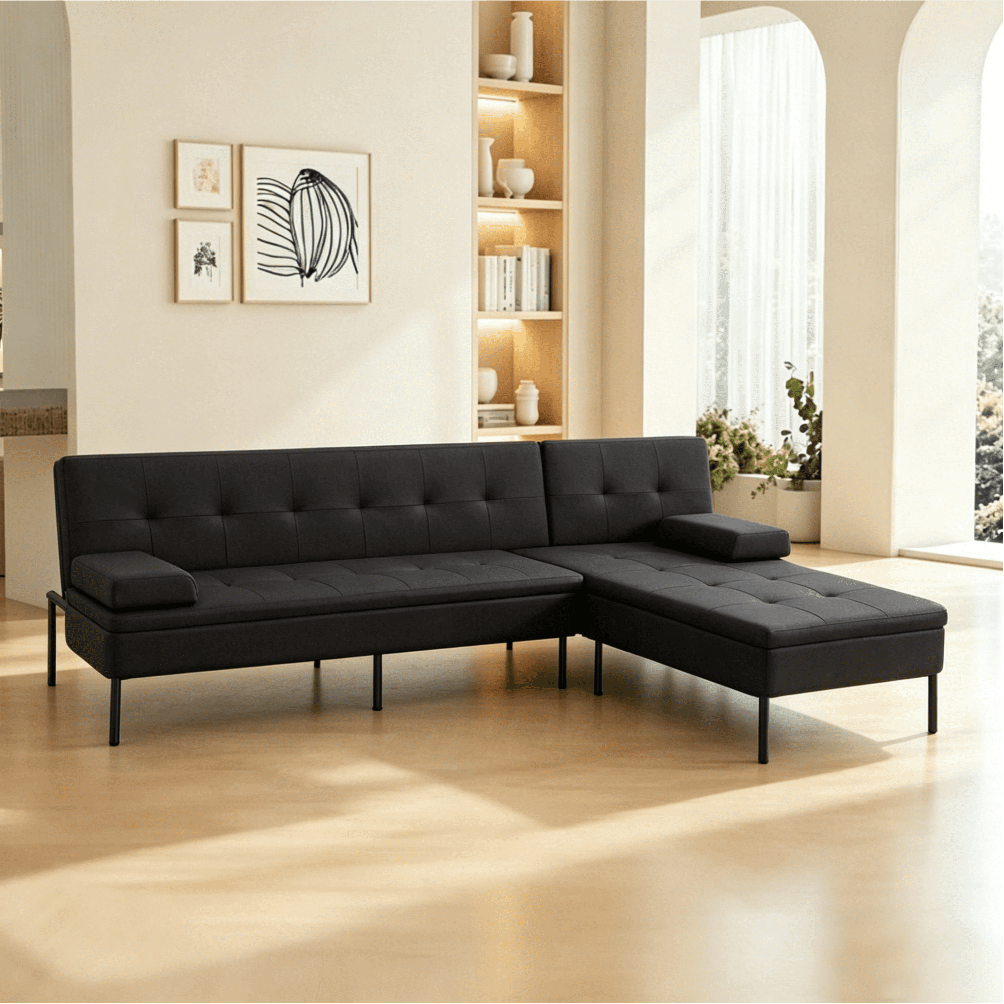 Gewnee 89.4”Convertible Sectional Sofa,L-Shaped Couch with Reversible Chaise,5-Position Adjustable Backrest,Modern Futon Sleeper for Small Spaces Living Room Apartment Office,Black Iron Frame