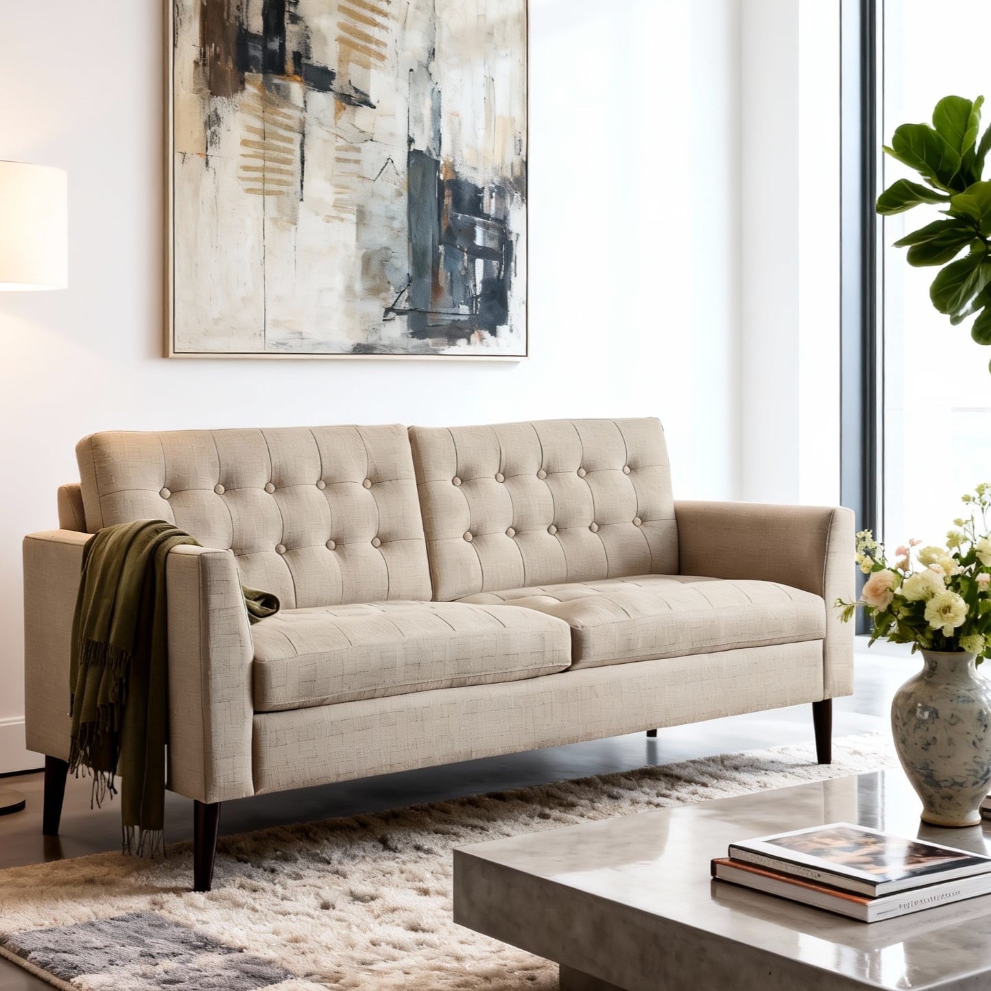 Gewnee 86.6 Modern Sofa Couch,Teddy Velvet 3 Seaters Comfy Couch with Deep Seat for Living Room,2 Pillows,Beige