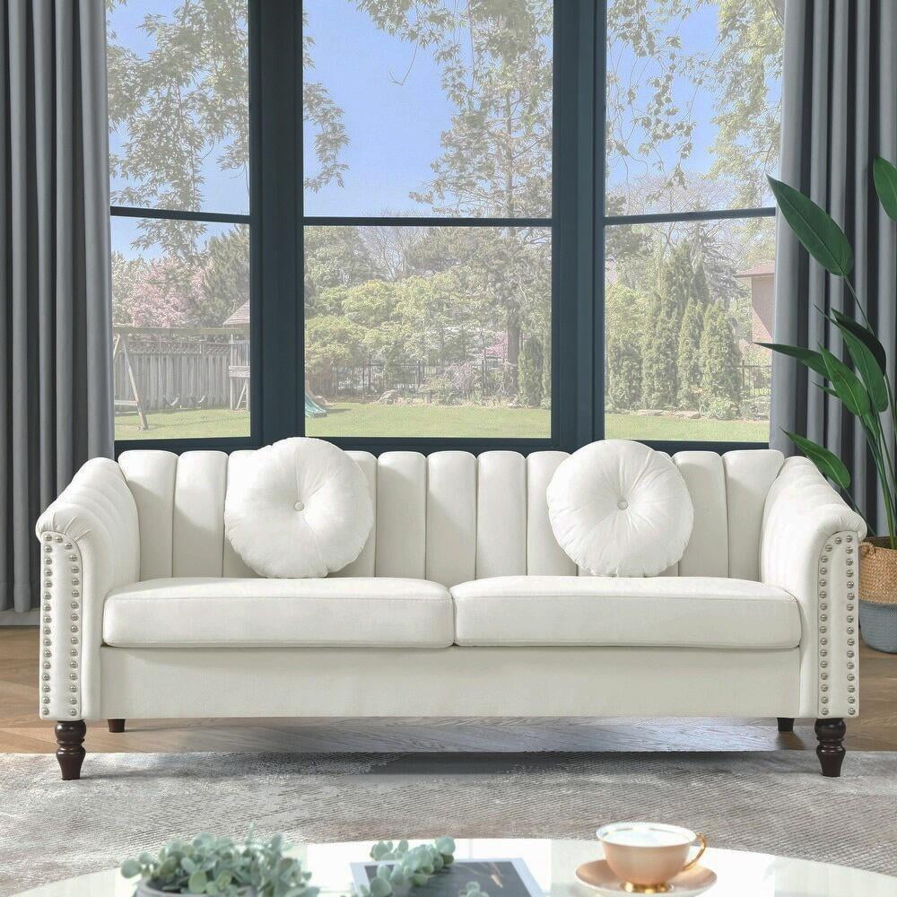 Gewnee 86.6 Modern Sofa Couch,Teddy Velvet 3 Seaters Comfy Couch with Deep Seat for Living Room,2 Pillows,Beige