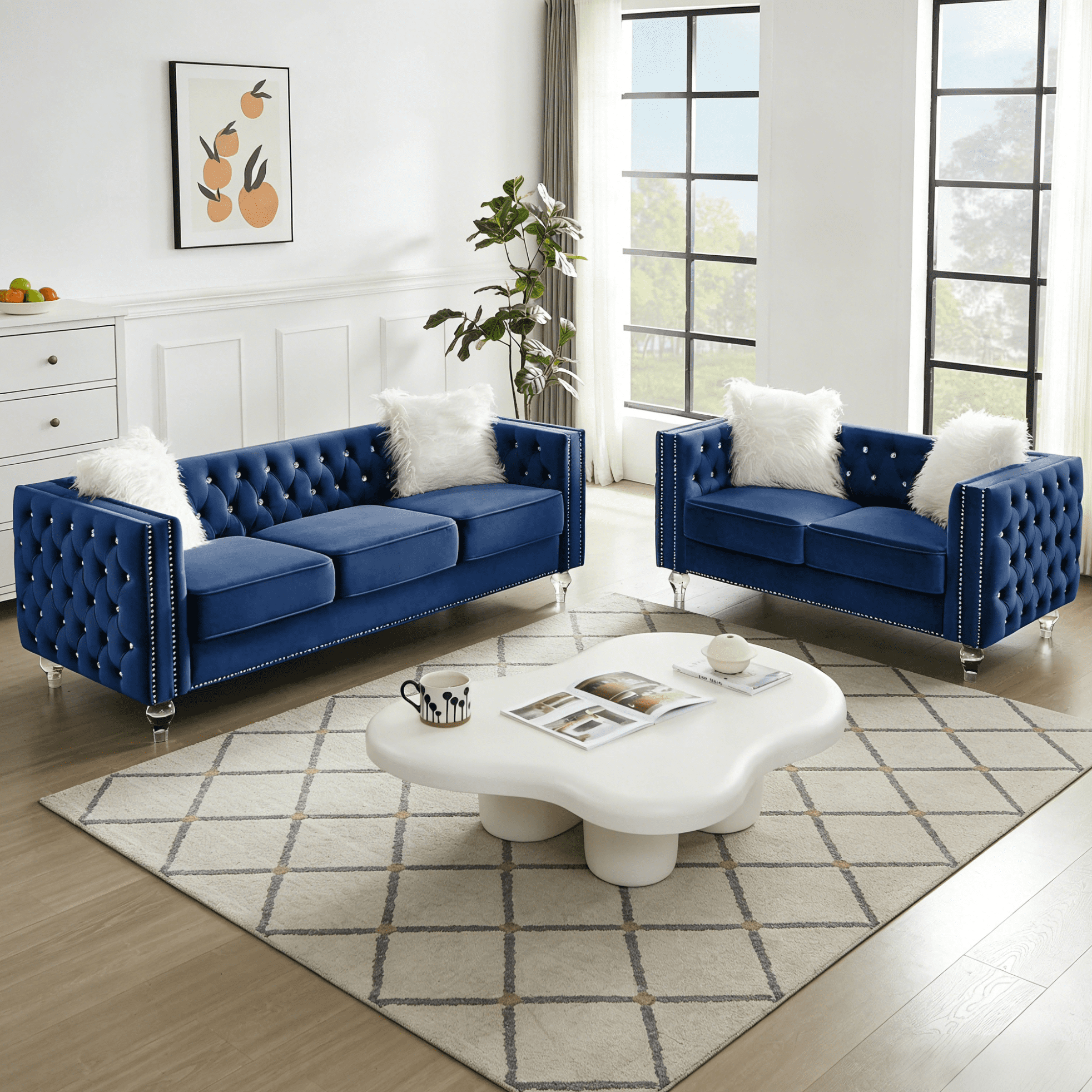 Gewnee 86.6 Modern Sofa Couch,Teddy Velvet 3 Seaters Comfy Couch with Deep Seat for Living Room,2 Pillows,Beige