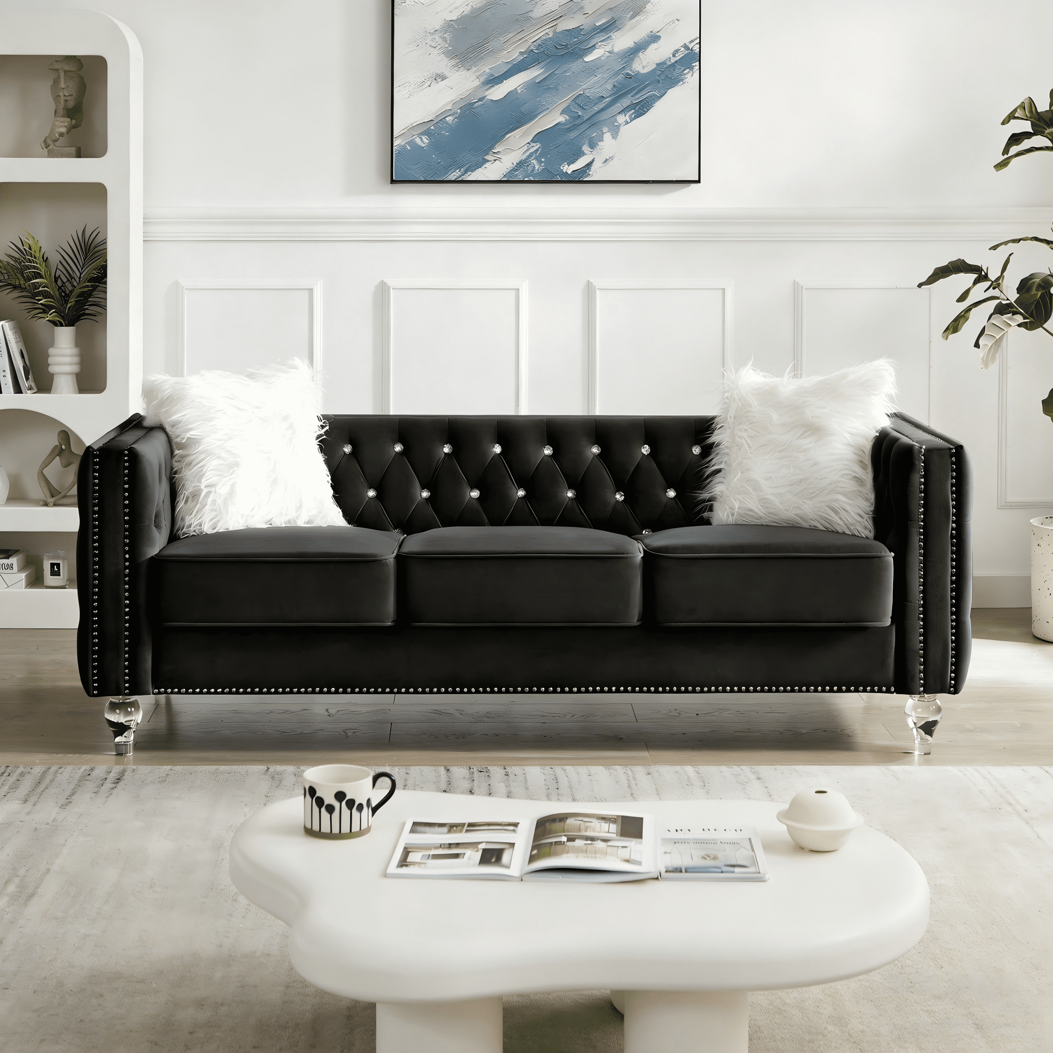 Gewnee 86.6 Modern Sofa Couch,Teddy Velvet 3 Seaters Comfy Couch with Deep Seat for Living Room,2 Pillows,Beige