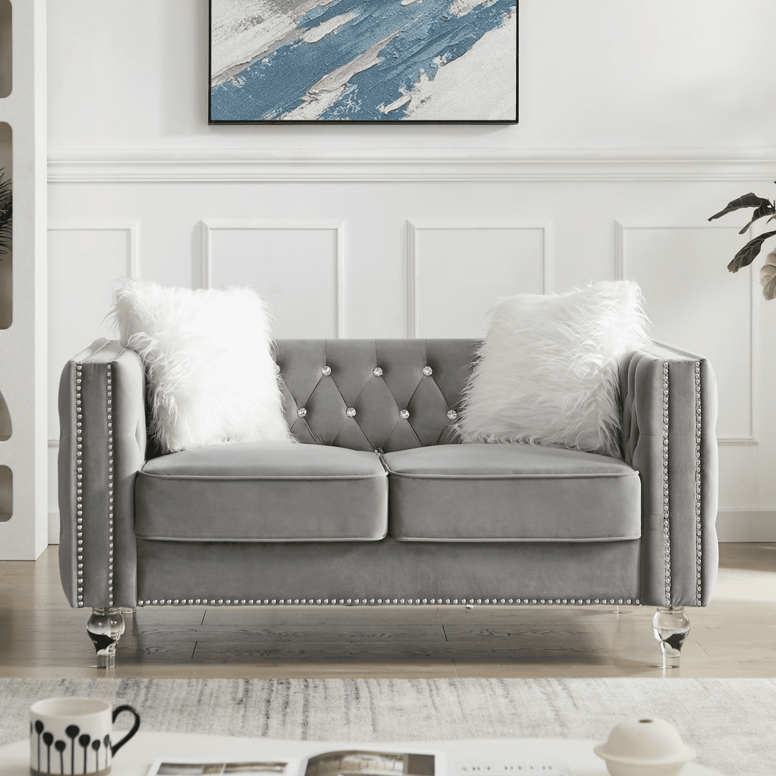 Gewnee 86.6 Modern Sofa Couch,Teddy Velvet 3 Seaters Comfy Couch with Deep Seat for Living Room,2 Pillows,Beige