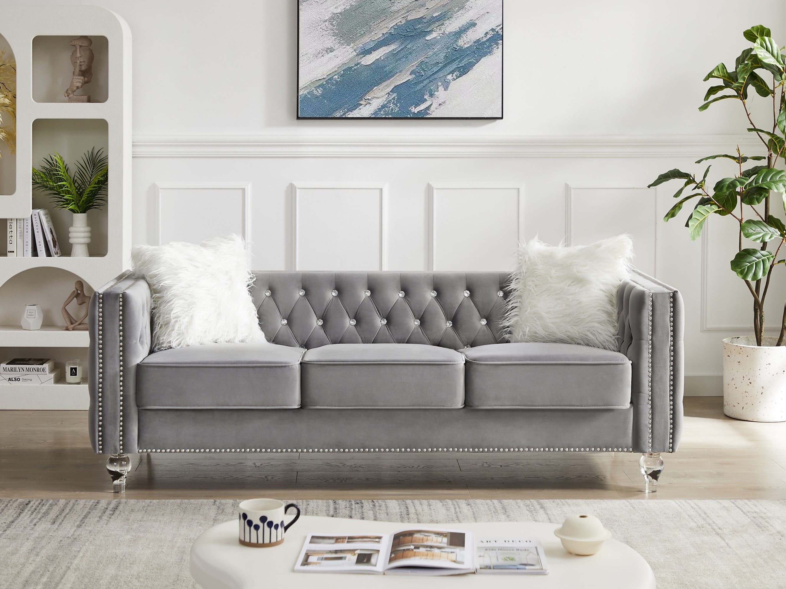 Gewnee 86.6 Modern Sofa Couch,Teddy Velvet 3 Seaters Comfy Couch with Deep Seat for Living Room,2 Pillows,Beige