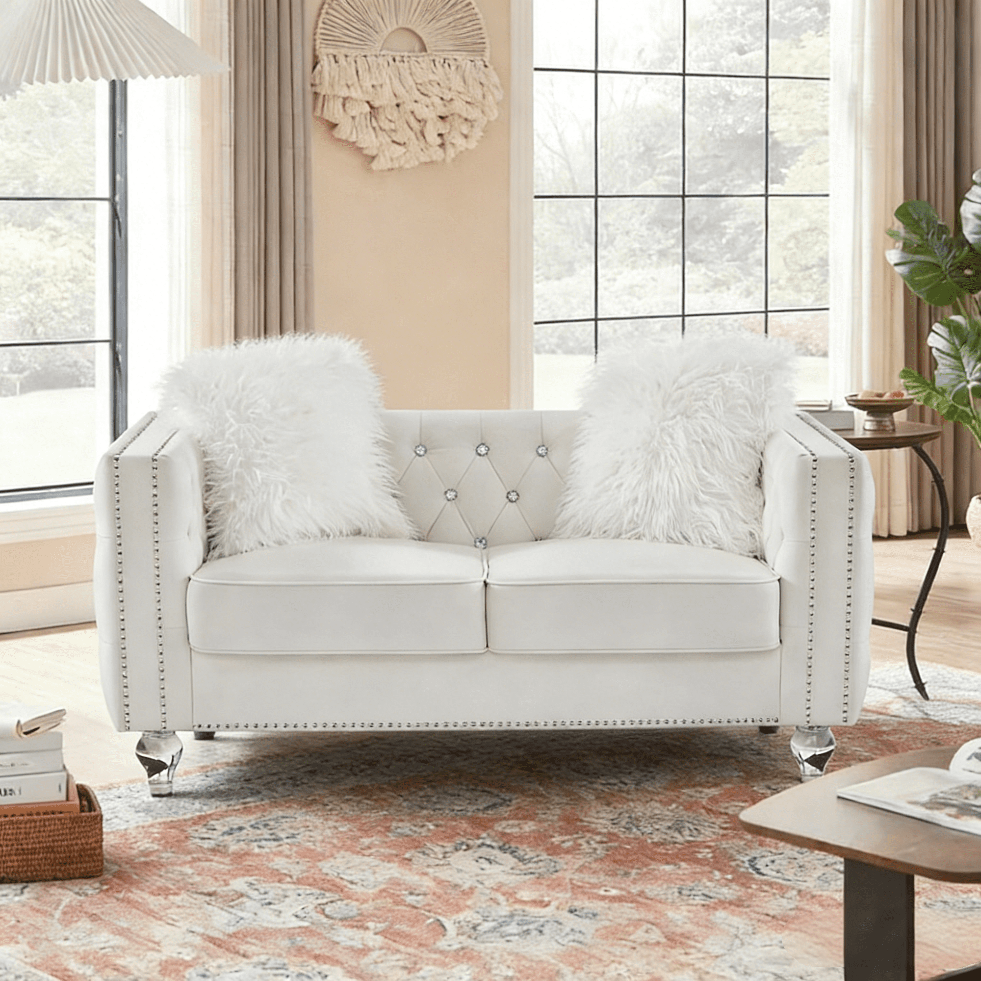 Gewnee 86.6 Modern Sofa Couch,Teddy Velvet 3 Seaters Comfy Couch with Deep Seat for Living Room,2 Pillows,Beige