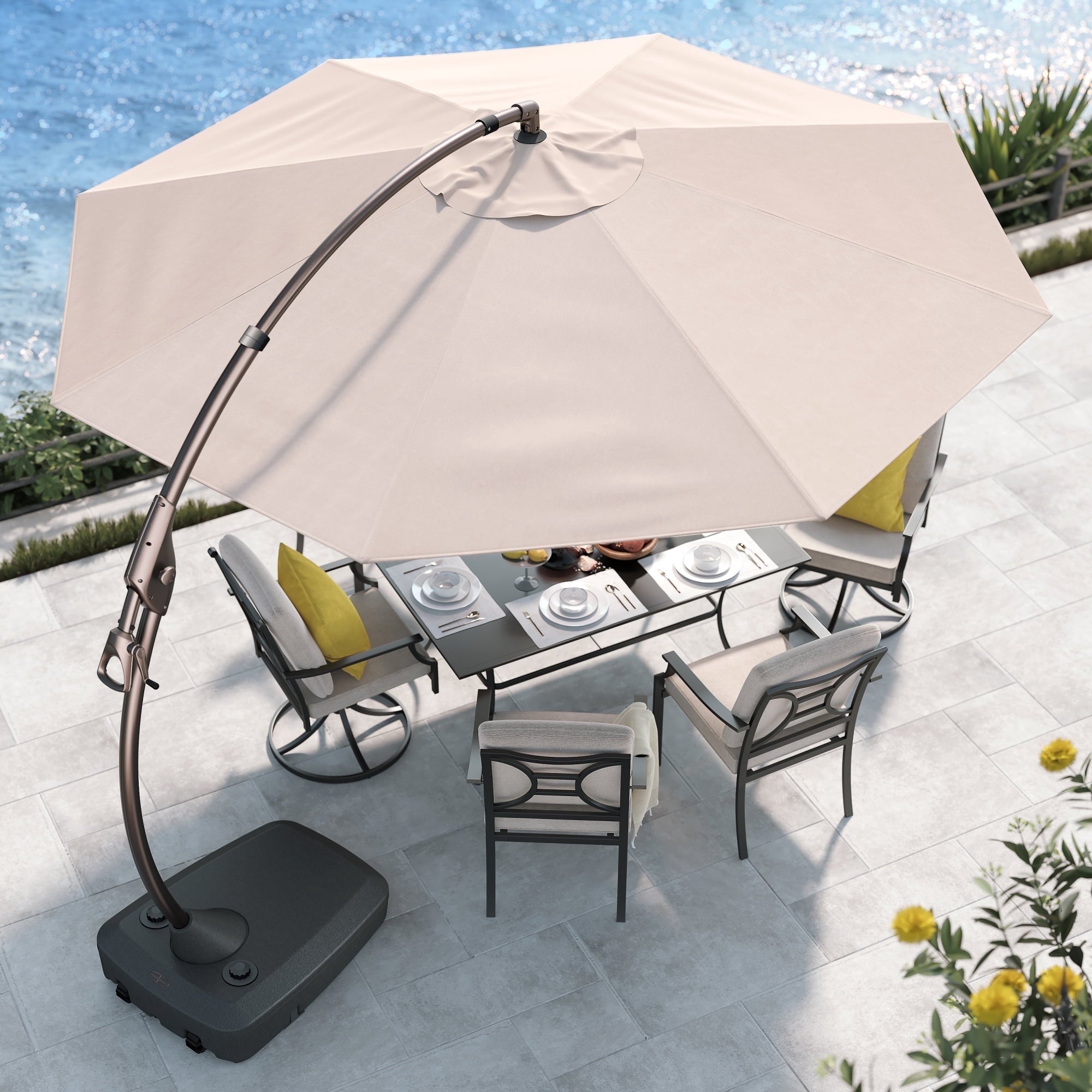 GRANDPATIO 12 Ft Outdoor Umbrella with Base, Large Aluminum Cantilever Offset Umbrella for Patio Pool, Black & White