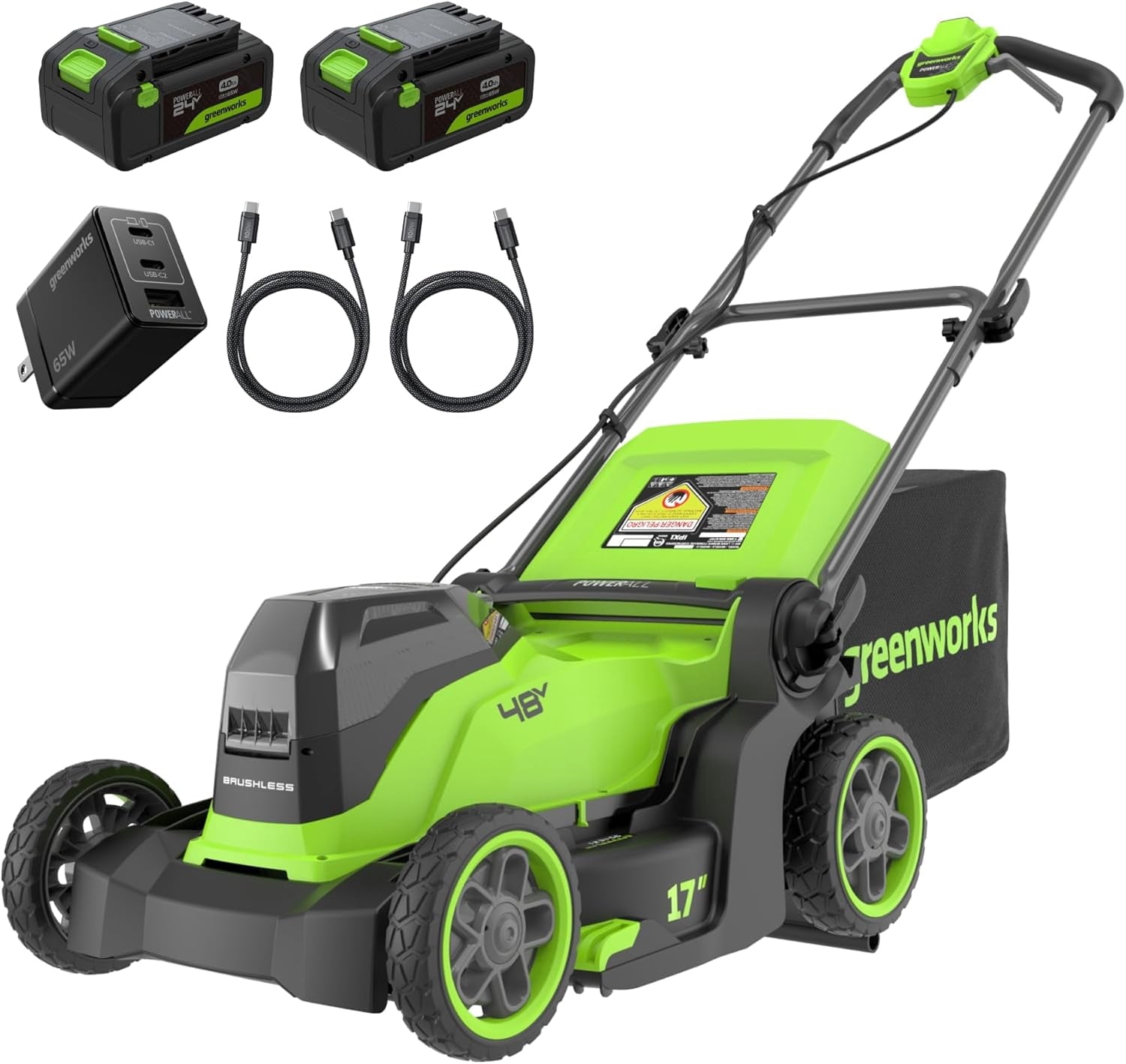 Greenworks 48V (24V x 2) 17 Brushless Cordless Push Lawn Mower, Includes (2) 4.0Ah Batteries and Dual Port Rapid Charger (200+ Compatible Tools, 45-Min Runtime)