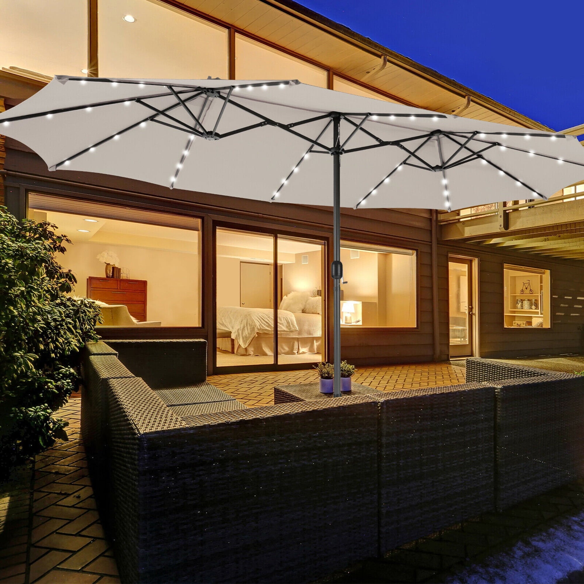 Gymax Outdoor 15' Double-Sided Patio Umbrella 48 Solar LED Lights Crank & Base Coffee