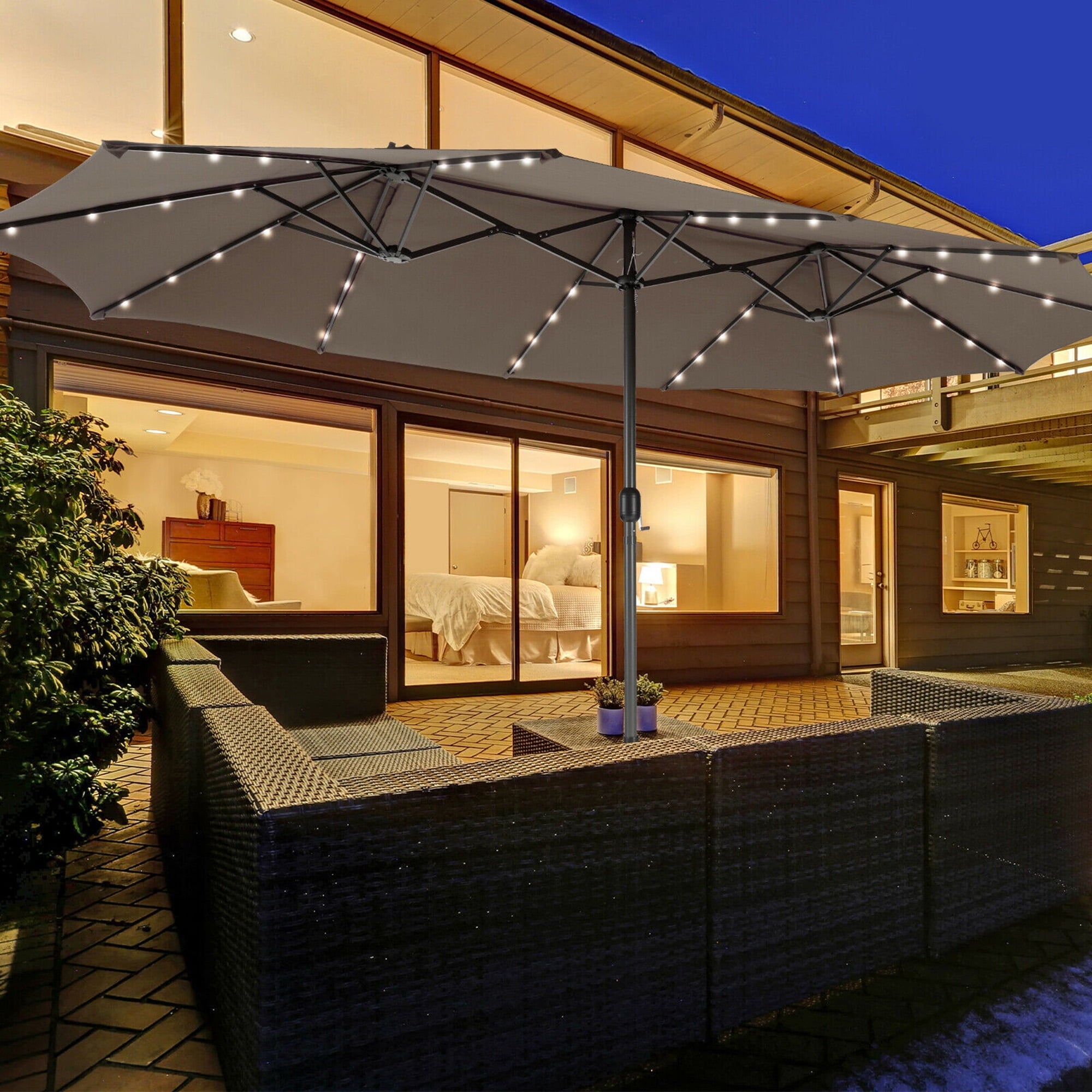 Gymax Outdoor 15' Double-Sided Patio Umbrella 48 Solar LED Lights Crank & Base Coffee