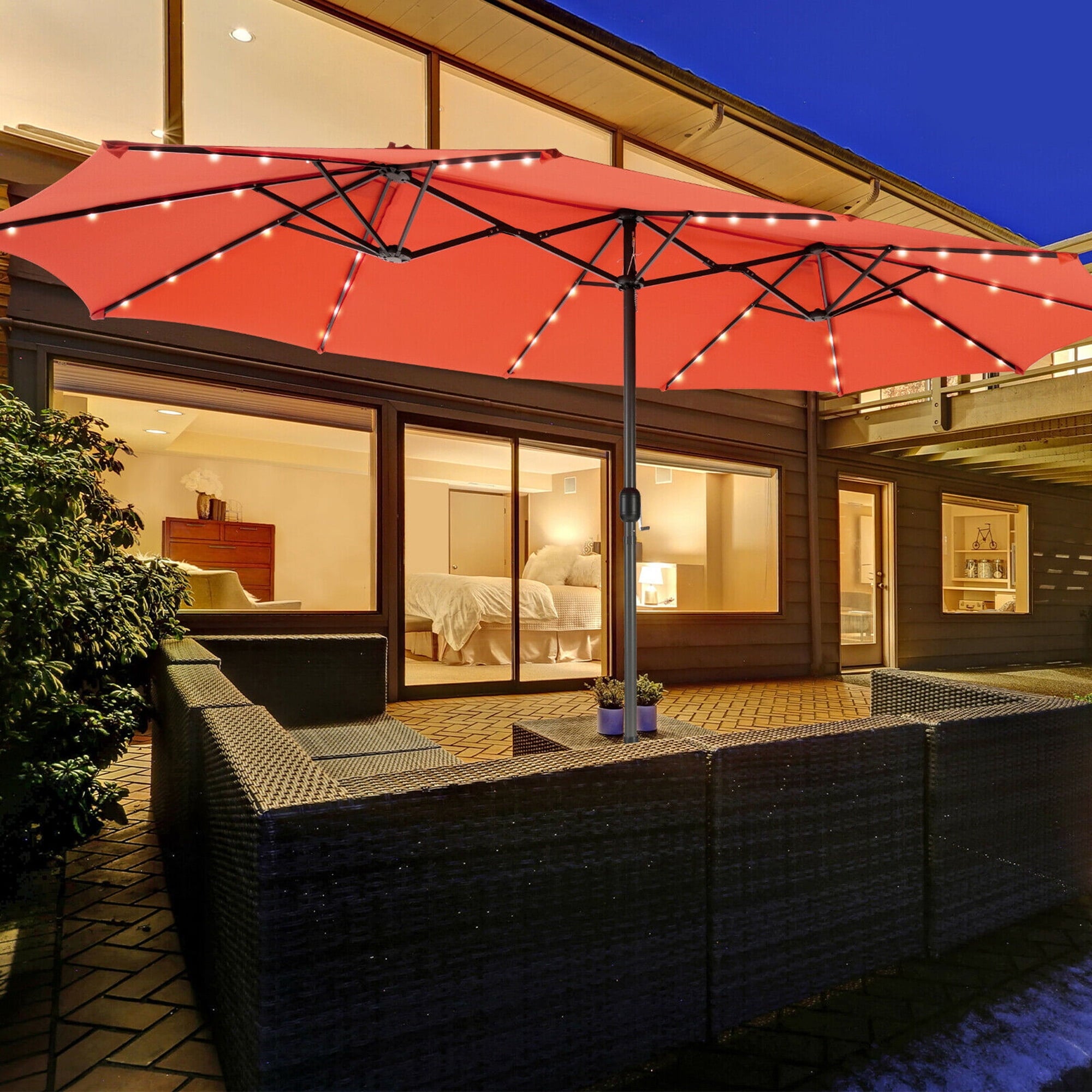 Gymax Outdoor 15' Double-Sided Patio Umbrella 48 Solar LED Lights Crank & Base Coffee
