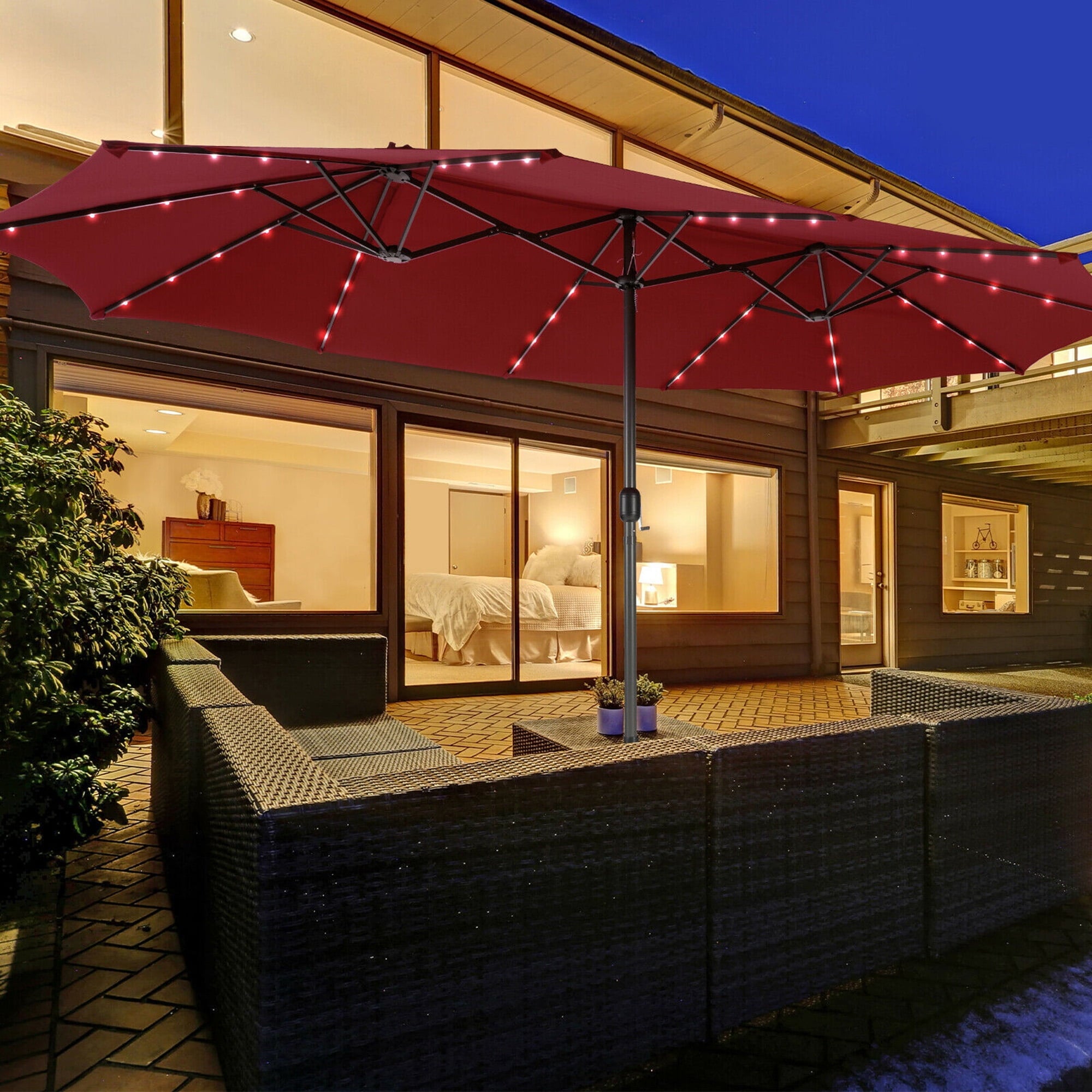 Gymax Outdoor 15' Double-Sided Patio Umbrella 48 Solar LED Lights Crank & Base Coffee
