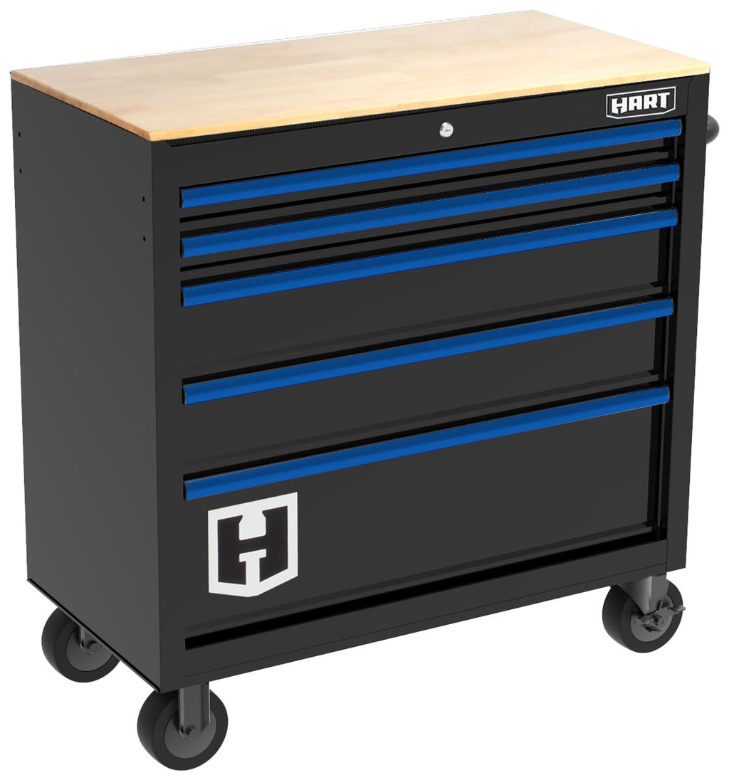 HART 36-Inch 5-Drawer Mobile Tool Chest Workbench with Wood Top, Rolling Garage Storage
