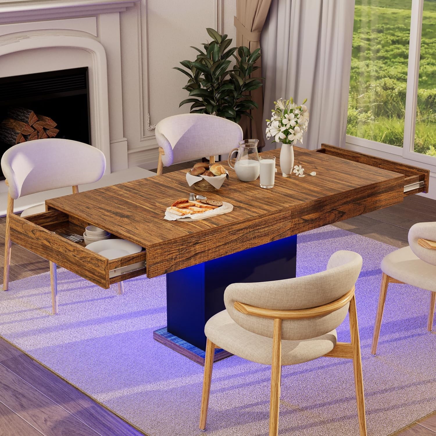 HAUXITIO 55 Inch Dining Table with LED Lights & 2 Drawers,Wooden Pedestal Base Table for 4-6 People,for Kitchen & Dining Room,White& Rustic Brown