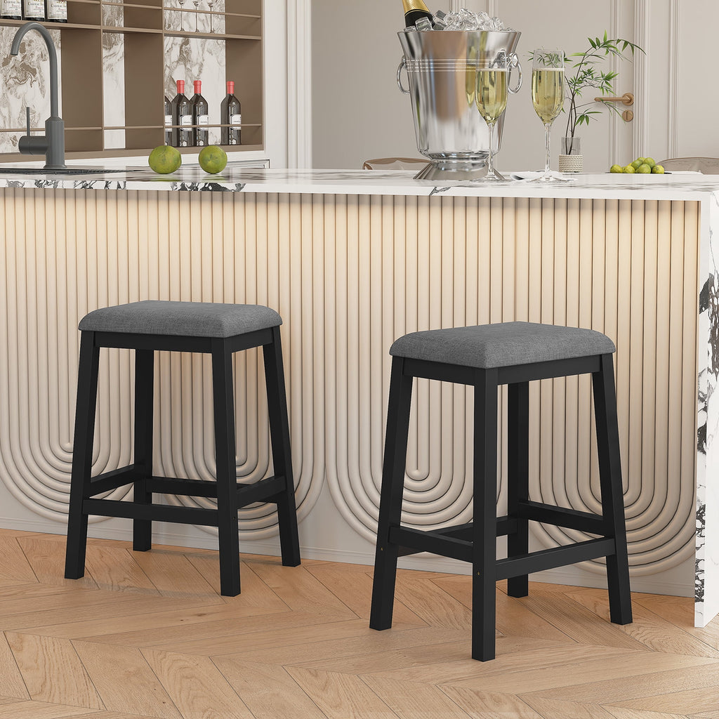 HLR 24.8 Bar Stools, Farmhouse Set of 2 Bar Chairs with Cushion for Kitchen, Dining Room, Cafe Black