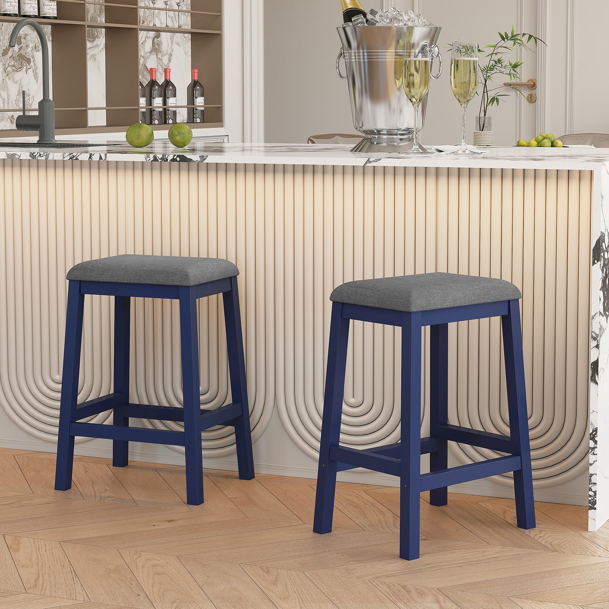 HLR 24.8 Bar Stools, Farmhouse Set of 2 Bar Chairs with Cushion for Kitchen, Dining Room, Cafe Black