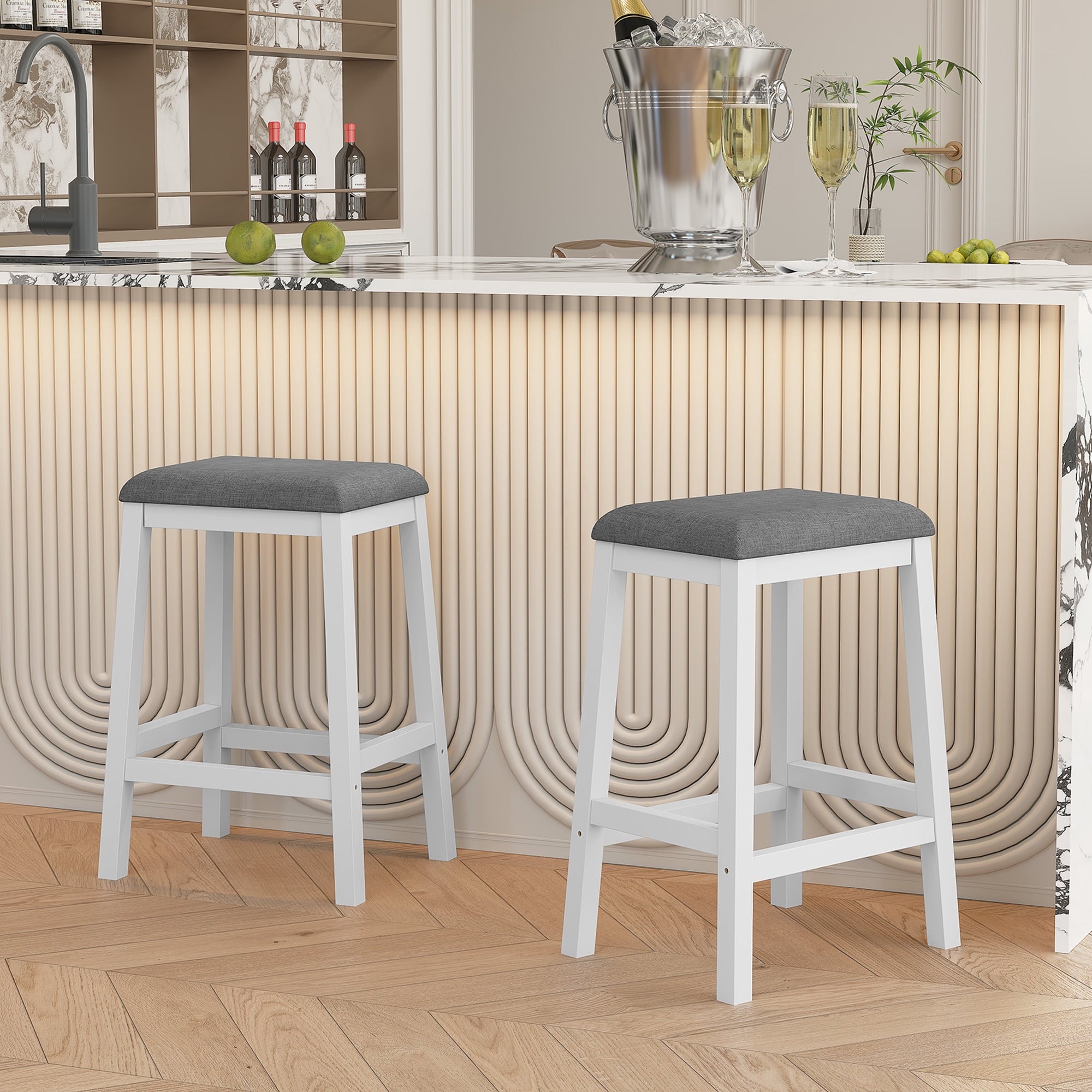 HLR 24.8 Bar Stools, Farmhouse Set of 2 Bar Chairs with Cushion for Kitchen, Dining Room, Cafe Black