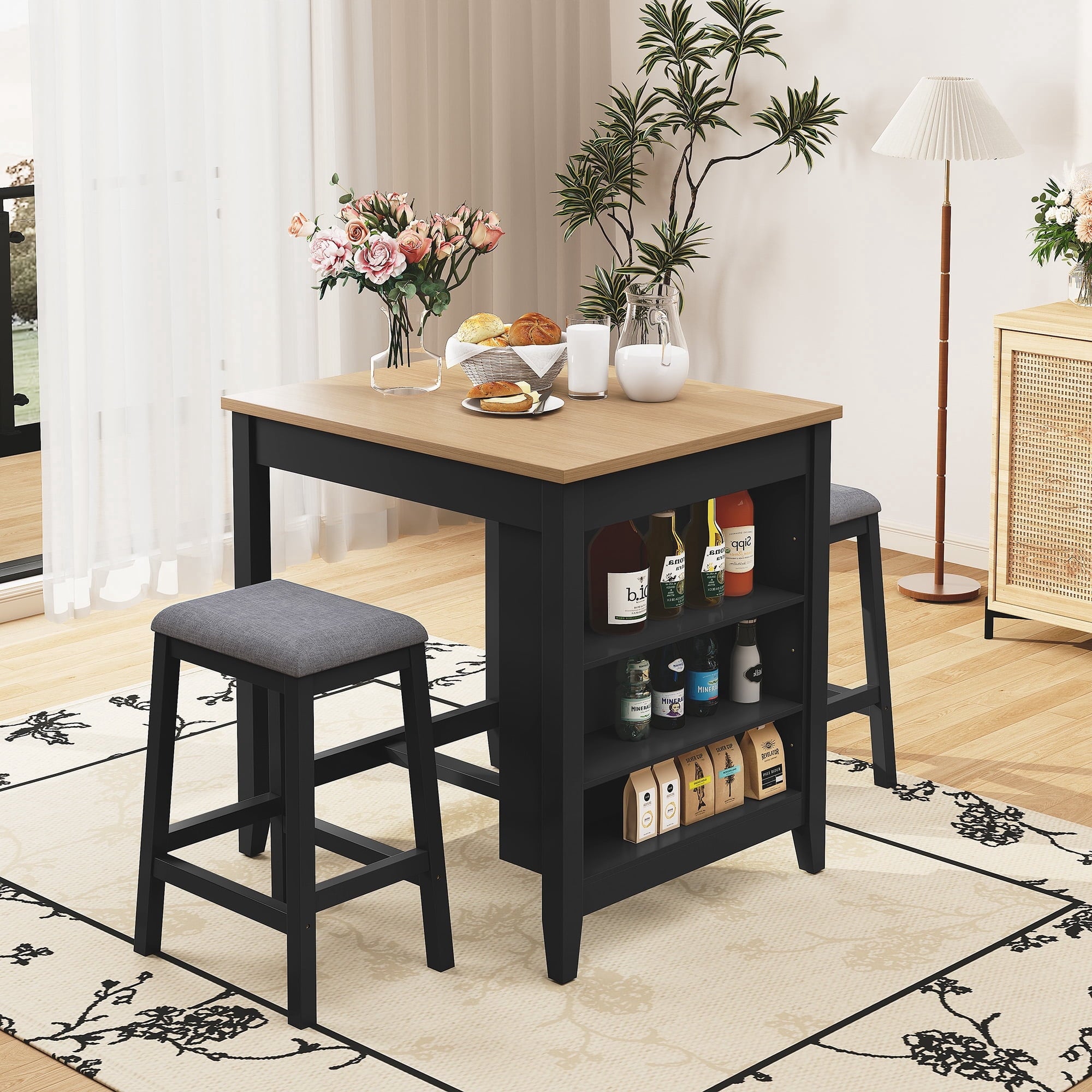 HLR 24.8 Bar Stools, Farmhouse Set of 2 Bar Chairs with Cushion for Kitchen, Dining Room, Cafe Black