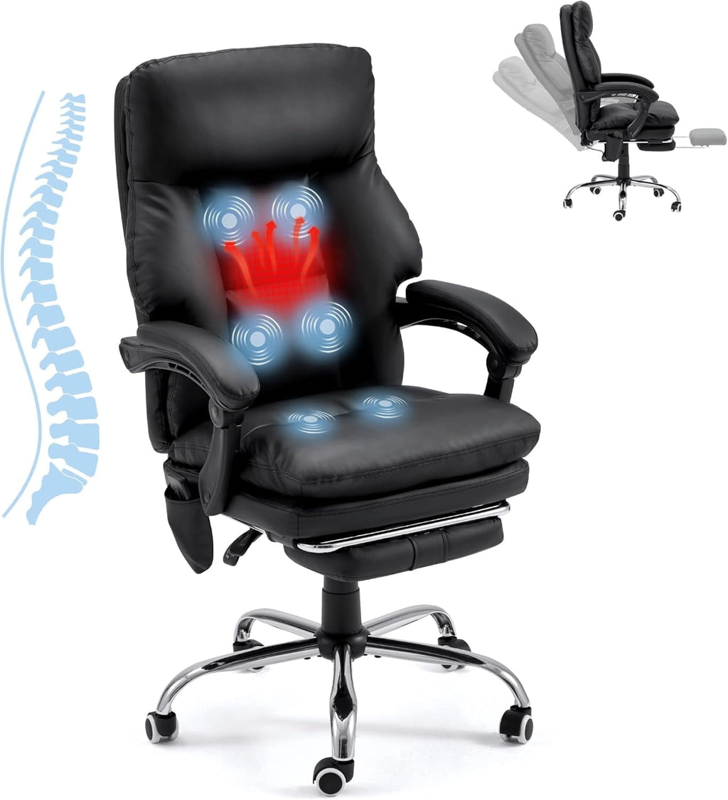 HOMREST Ergonomic Office Chair with 6-Point Massage & Heating, Adjustable Executive Desk Chair with Retractable Footrest, PU Leather Home Office Desk Chair for Home & Office (Black)
