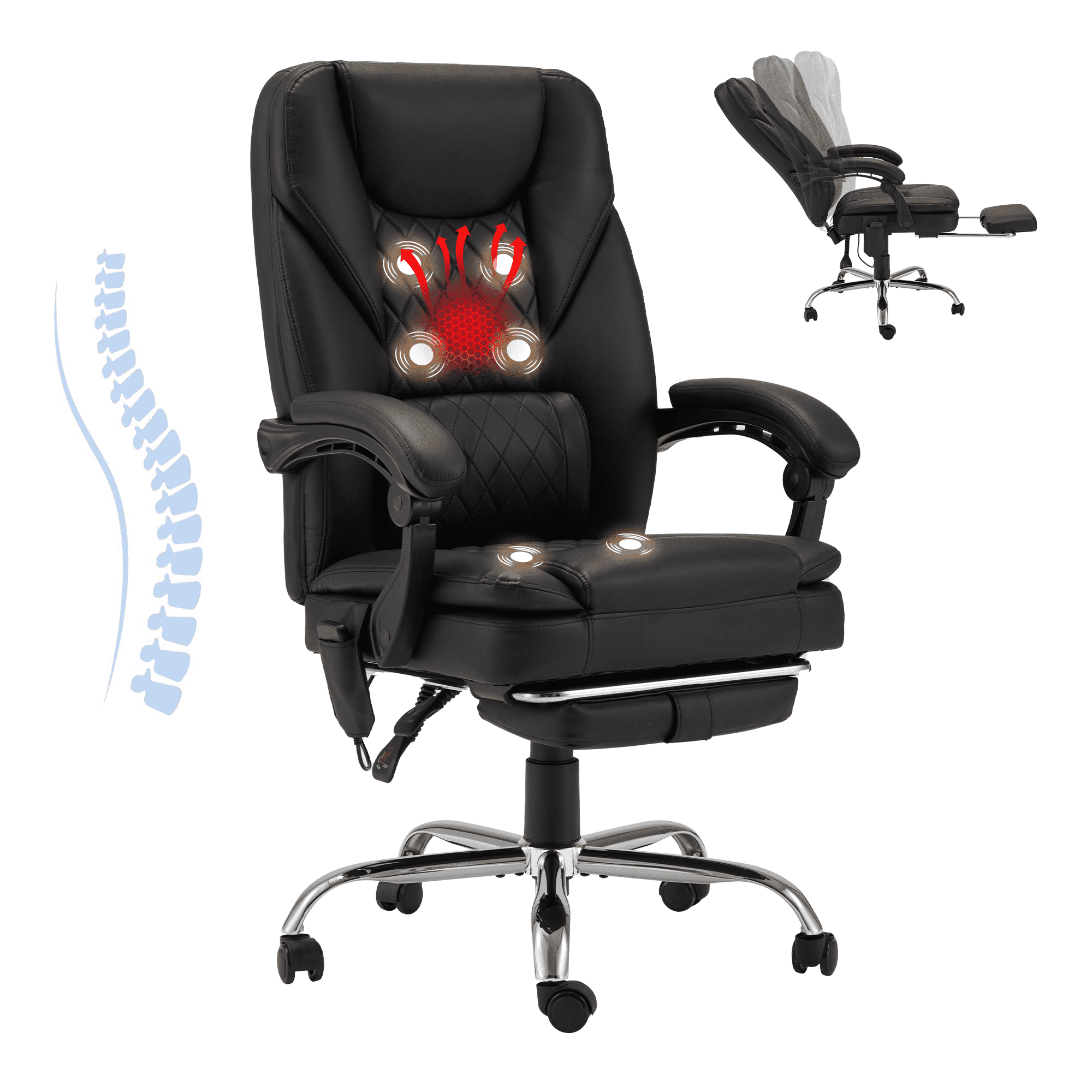 HOMREST Ergonomic Office Chair with 6-Point Massage & Heating, Adjustable Executive Desk Chair with Retractable Footrest, PU Leather Home Office Desk Chair for Home & Office (Black)
