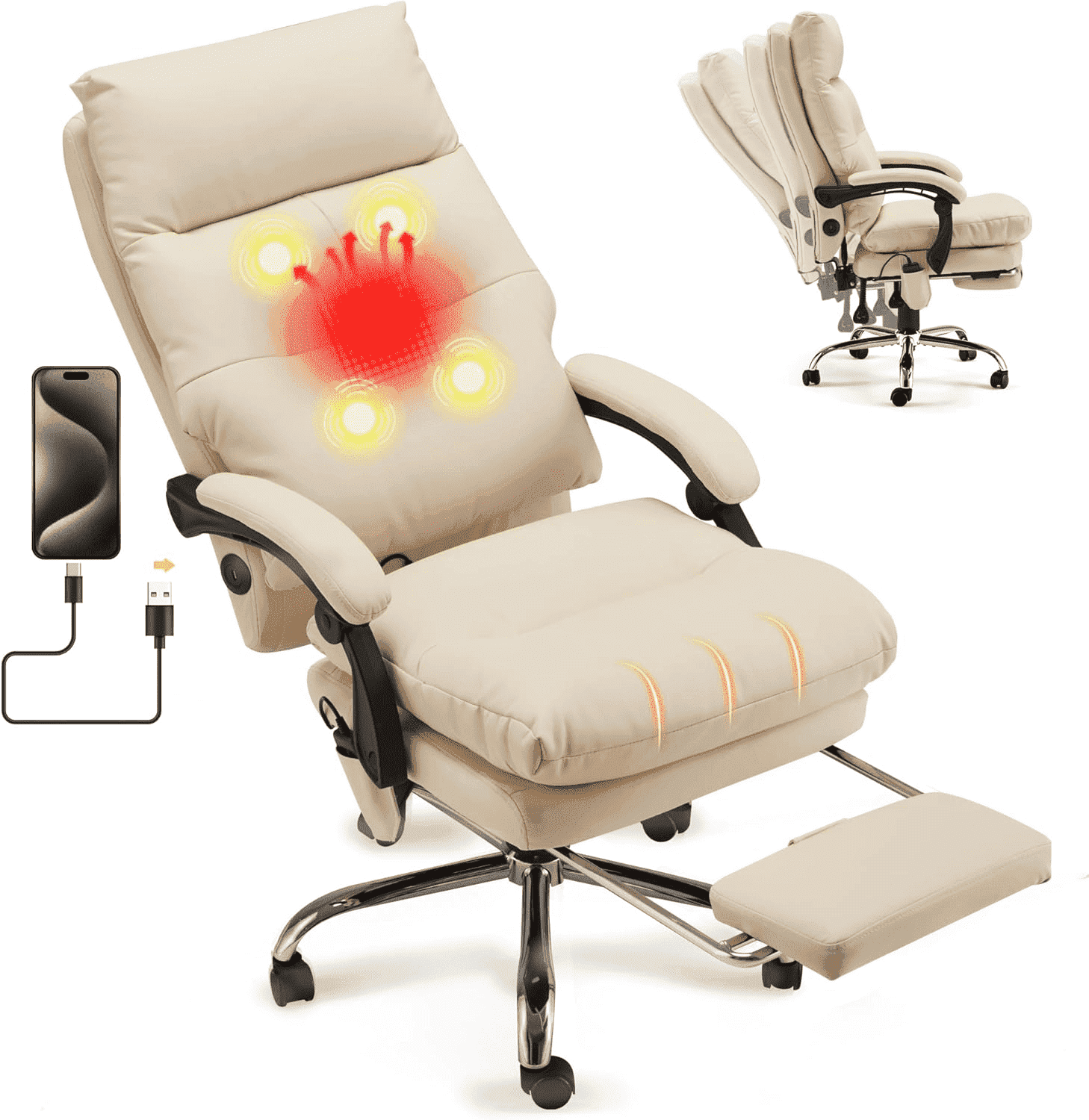 HOMREST Ergonomic Office Chair with 6-Point Massage & Heating, Adjustable Executive Desk Chair with Retractable Footrest, PU Leather Home Office Desk Chair for Home & Office (Black)