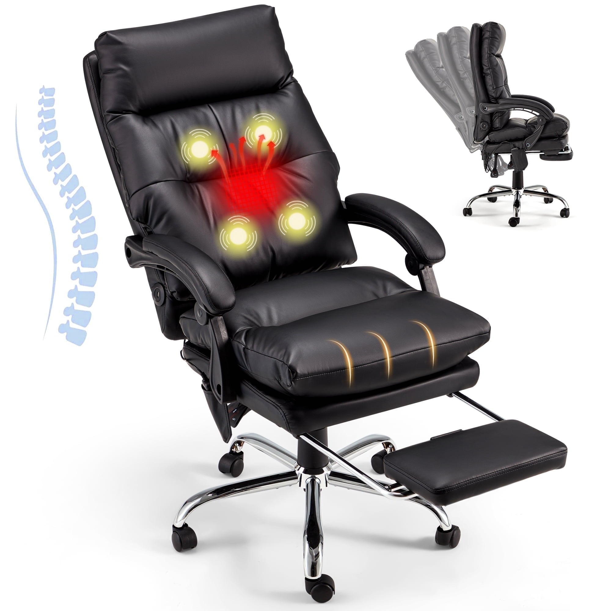 HOMREST Ergonomic Office Chair with 6-Point Massage & Heating, Adjustable Executive Desk Chair with Retractable Footrest, PU Leather Home Office Desk Chair for Home & Office (Black)
