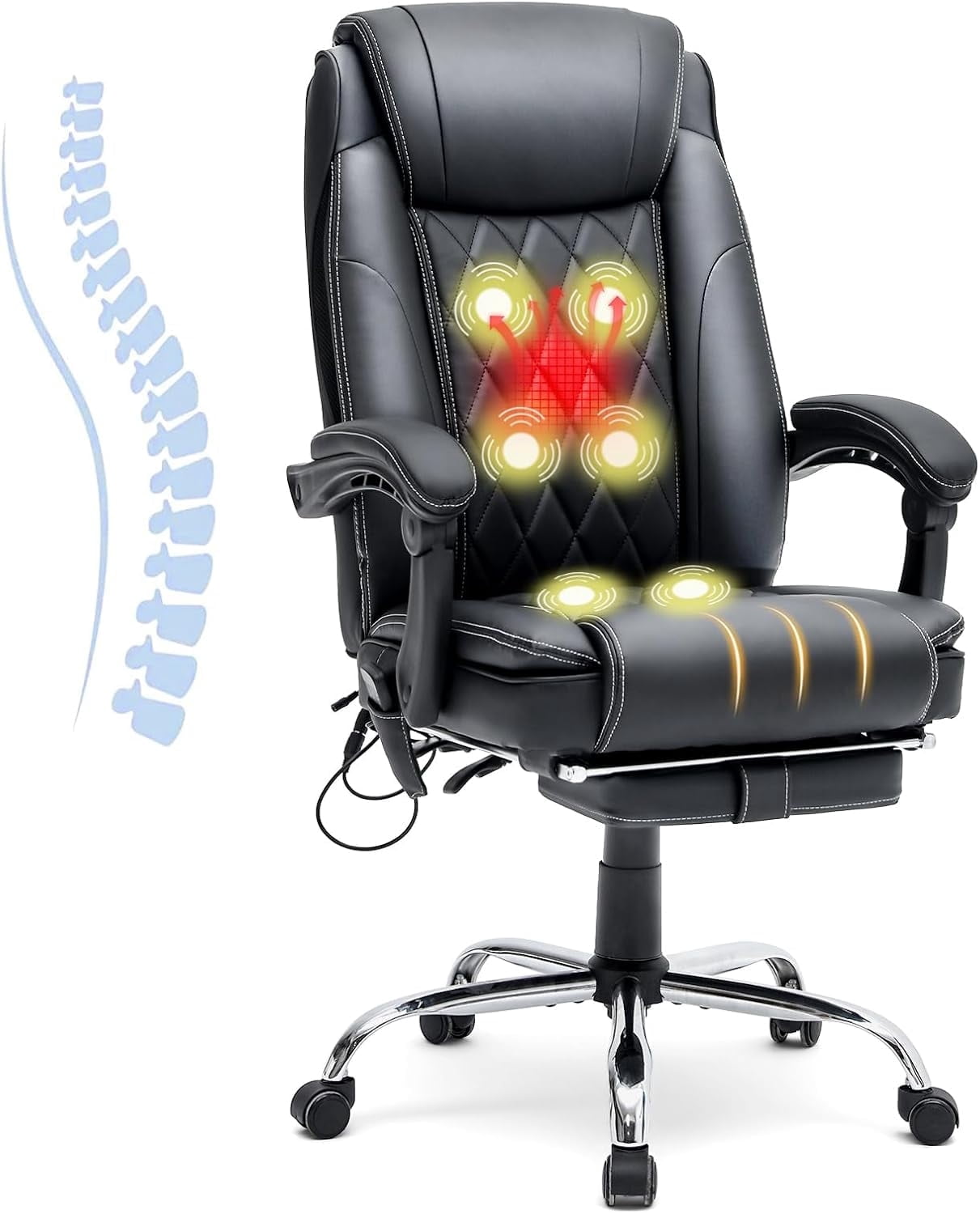 HOMREST Ergonomic Office Chair with 6-Point Massage & Heating, Adjustable Executive Desk Chair with Retractable Footrest, PU Leather Home Office Desk Chair for Home & Office (Black)