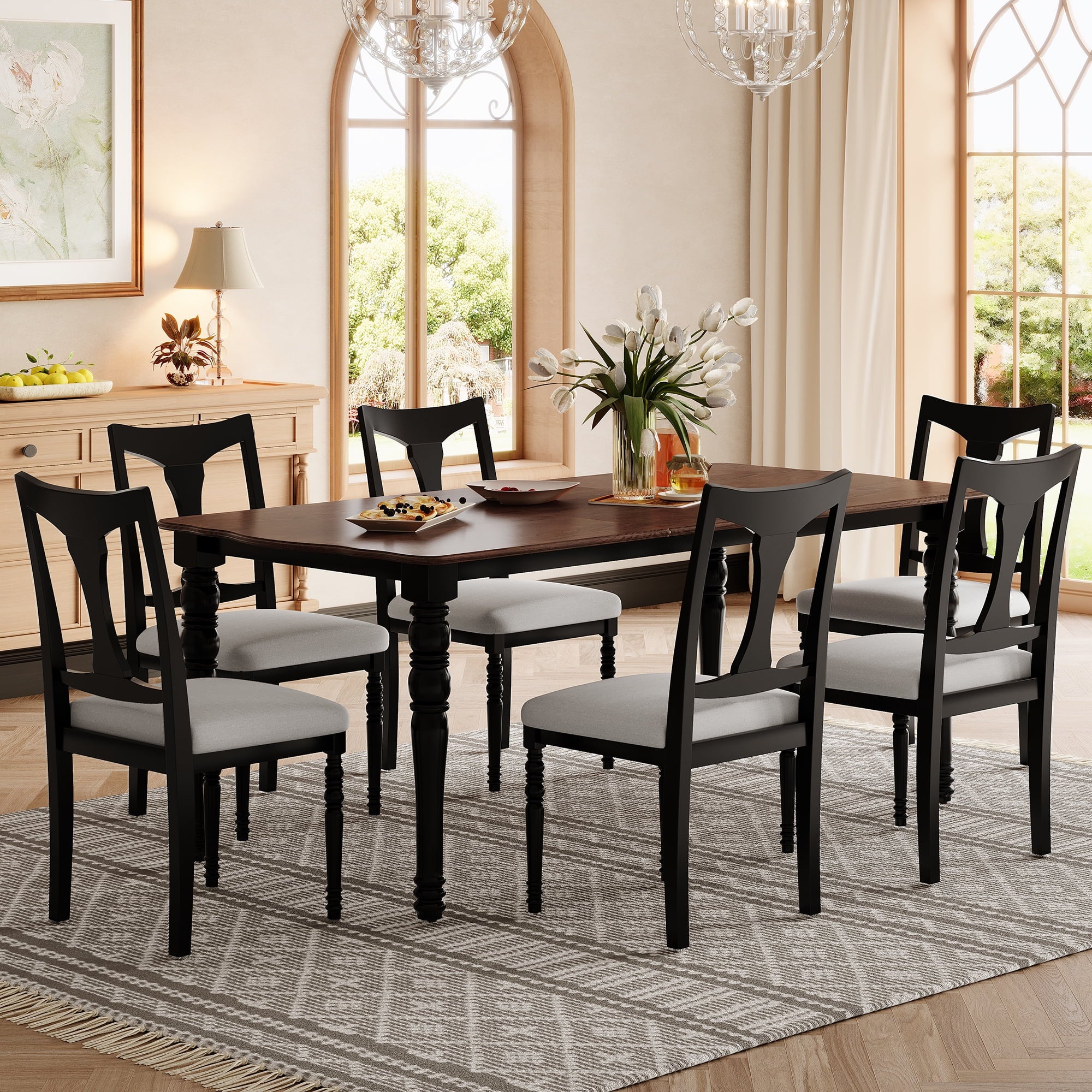 Harper & Bright Designs 7 Pieces Retro Dining Set for 6, Wood Rectangular Table with Designed Trestle Base and 6 Upholstered Chairs for Dining Room and Kitchen, Grey