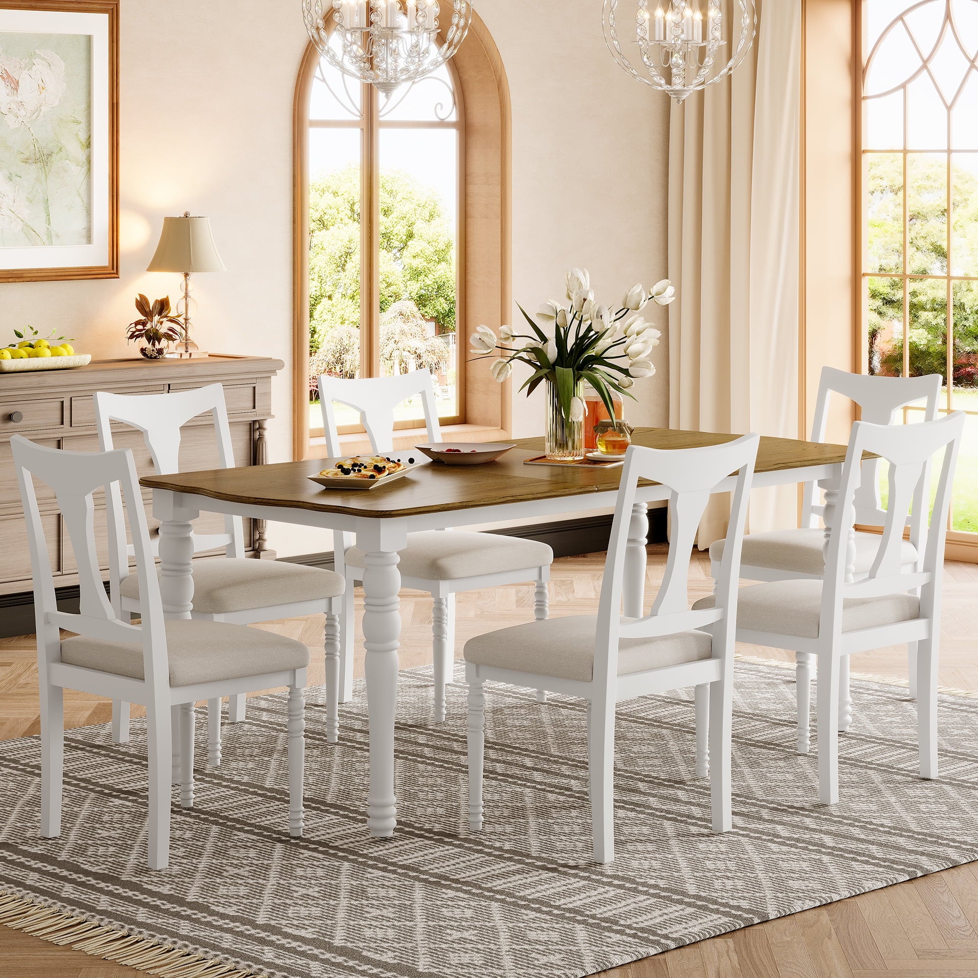 Harper & Bright Designs 7 Pieces Retro Dining Set for 6, Wood Rectangular Table with Designed Trestle Base and 6 Upholstered Chairs for Dining Room and Kitchen, Grey